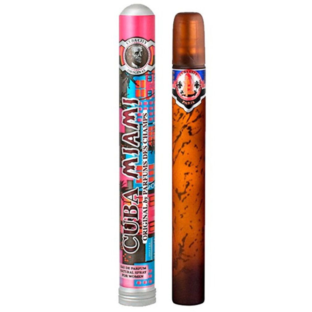 Parfumspray in Zylinderverpackung. Rosa, blau und weiß. Aufschrift: CUBA MIAMI. Flakon in Zigarrenform.