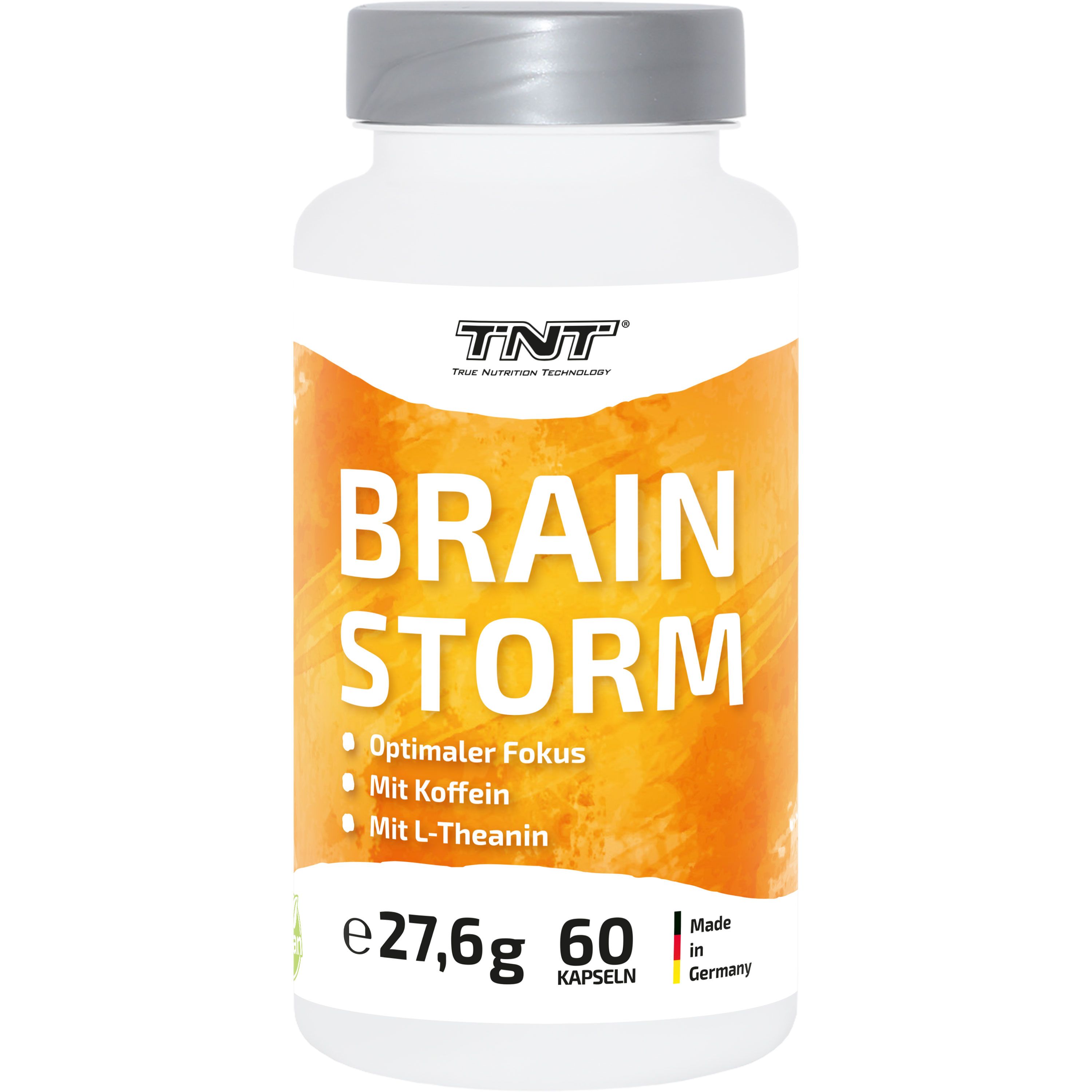 Weiße Flasche mit Aufschrift: BRAIN STORM, 60 Kapseln. Text: Optimaler Fokus, Koffein, L-Theanin.