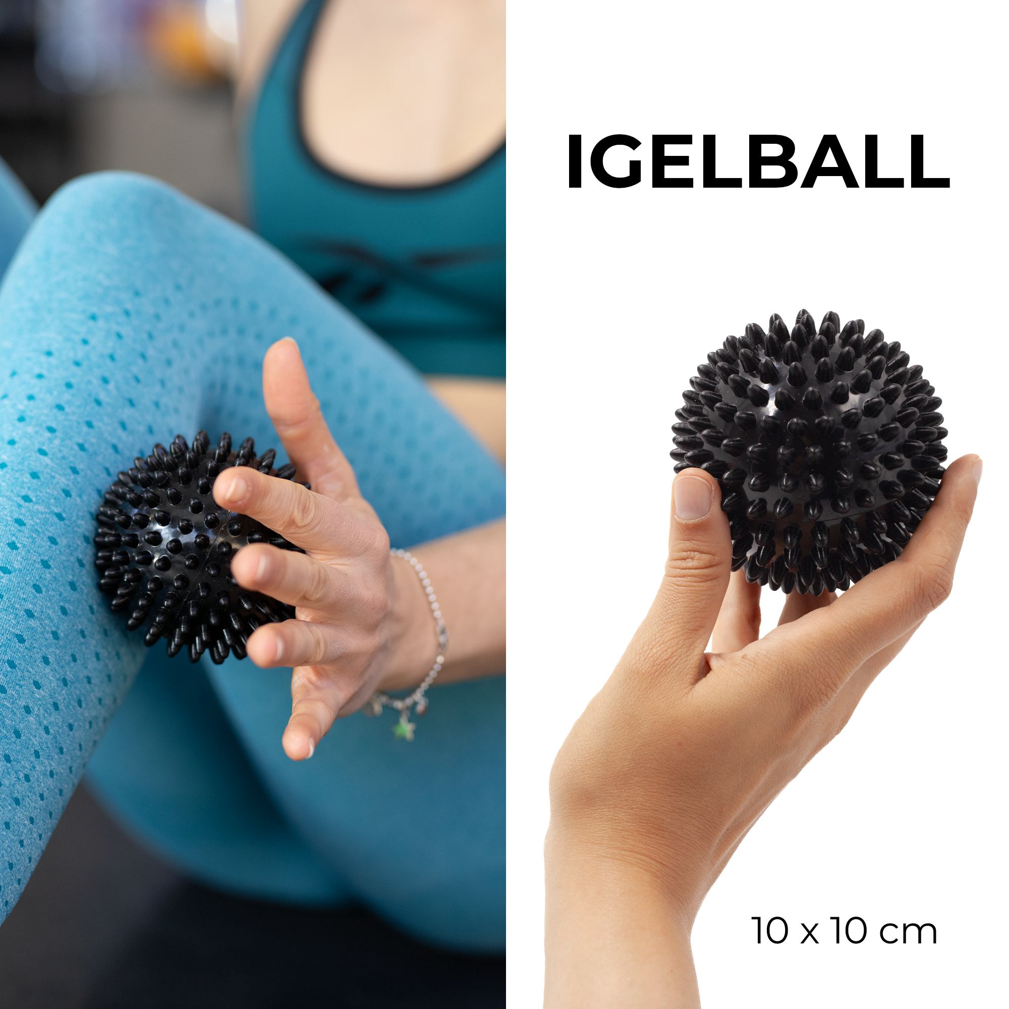 Gelber Duoball (6x12cm) in Hand und Anwendung am Rücken.