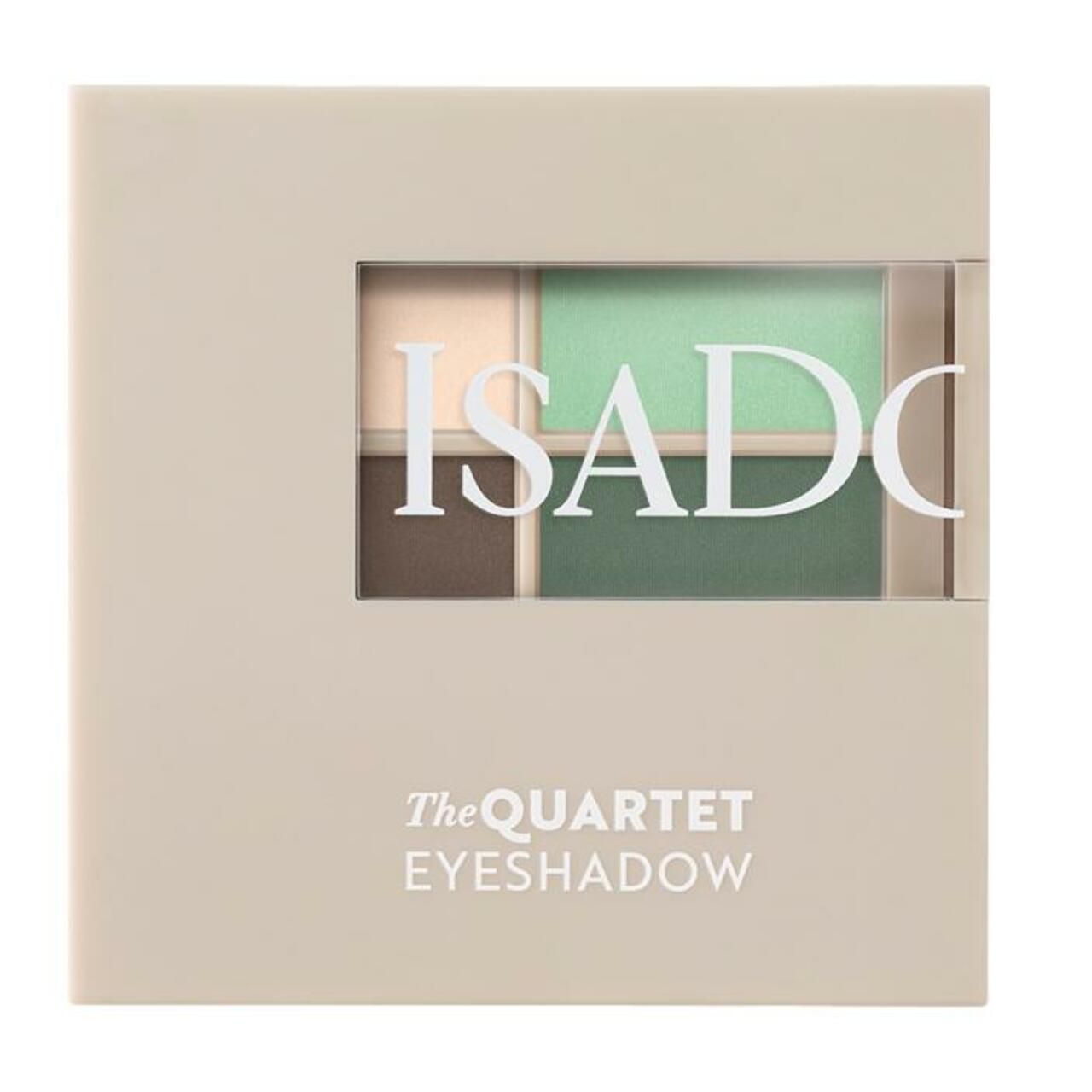 IsaDora Lidschatten-Quartett. Vier Farben: Beige, Grün- und Brauntöne. Quadratische Verpackung.