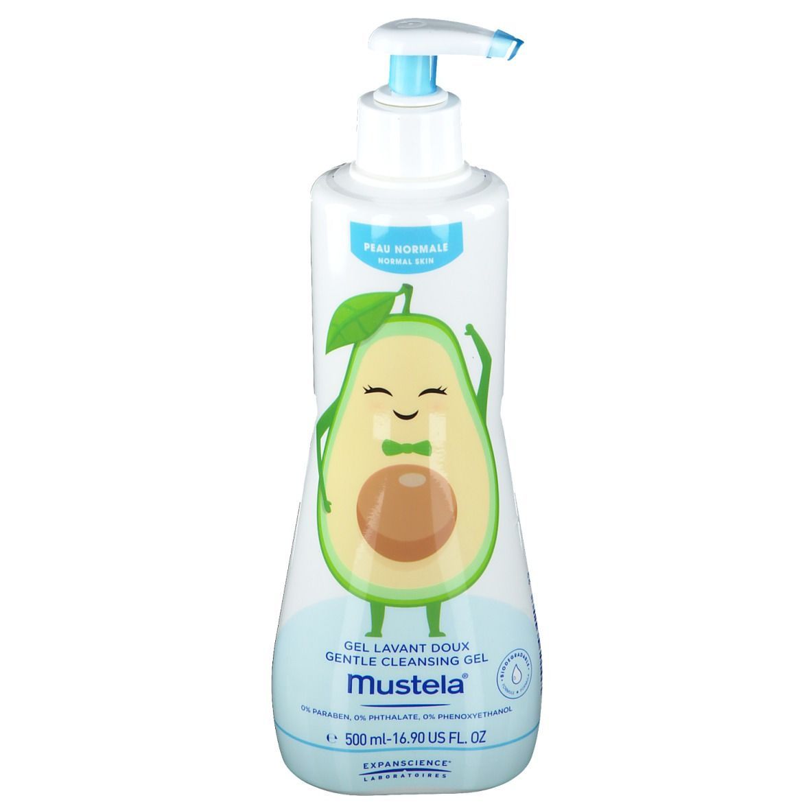 Flacone bianco con erogatore blu. Illustrazione di avocado. Testo: Mustela, Gel lavante delicato. Scritta: 500 ml.