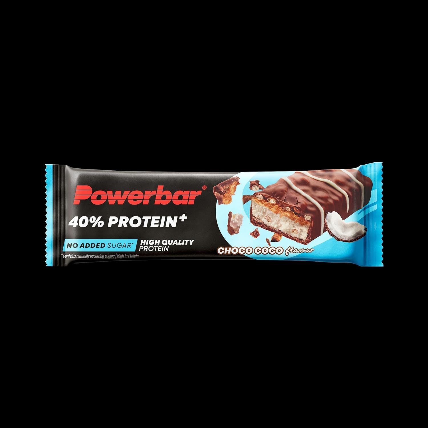Powerbar Riegel Choco Coco: 40% Protein, zuckerarm, mit Kokosnuss- und Schokoladenstückchen.