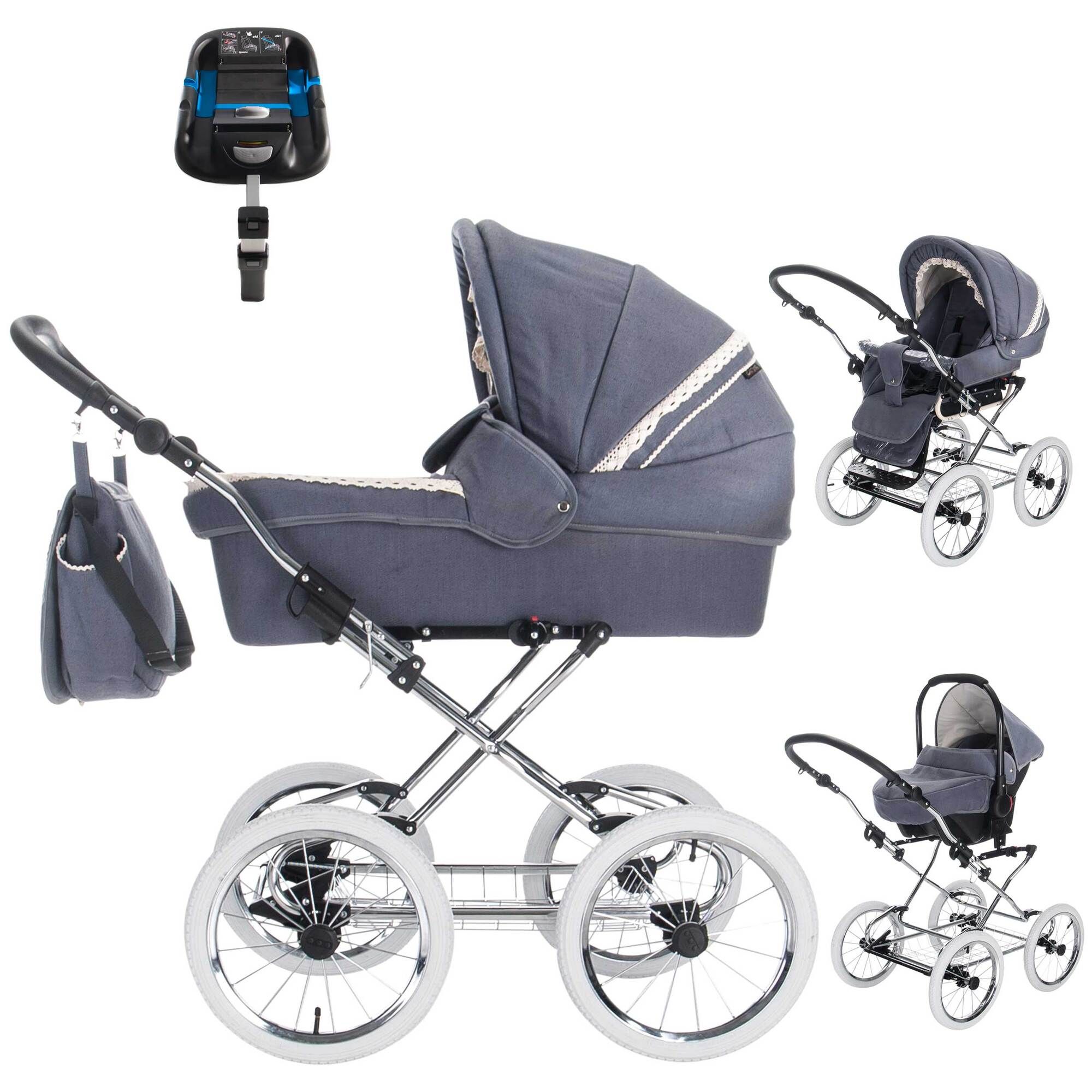 Kinderwagen mit silbernem Gestell, blauem Stoff, weißem Spitzenbesatz und passender Tasche. Inklusive Babyschale und ISOFIX-Adapter.