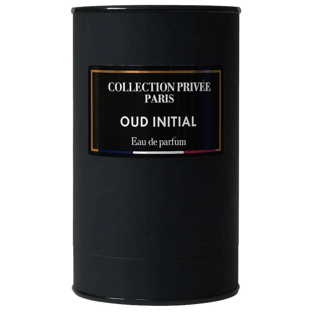 Schwarze zylindrische Verpackung mit Etikett. Etikett mit Text: COLLECTION PRIVEE PARIS, OUD INITIAL, Eau de parfum.