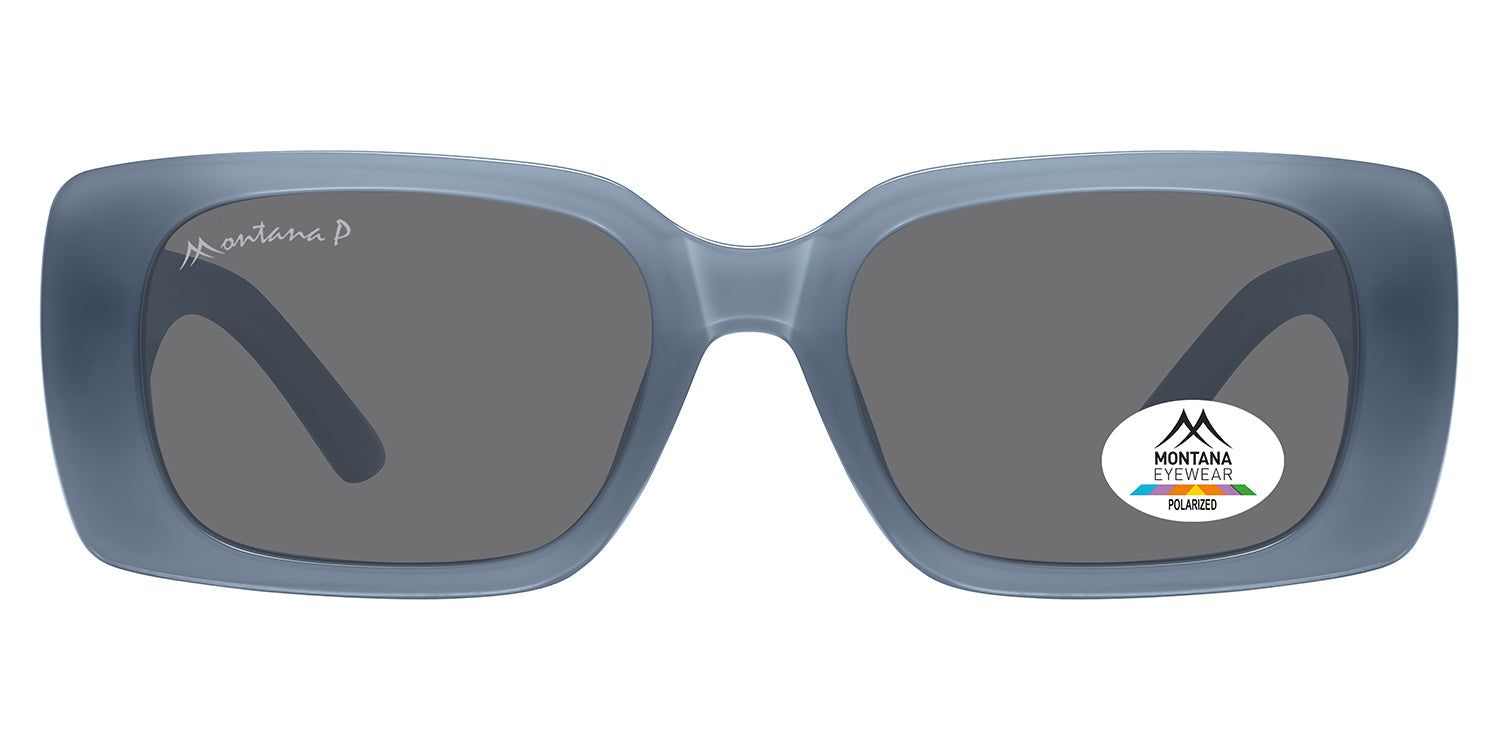 Blaue Sonnenbrille mit rechteckigen Gläsern. Montana Eyewear Logo und Polarisations-Aufkleber. Bügel mit Logo.