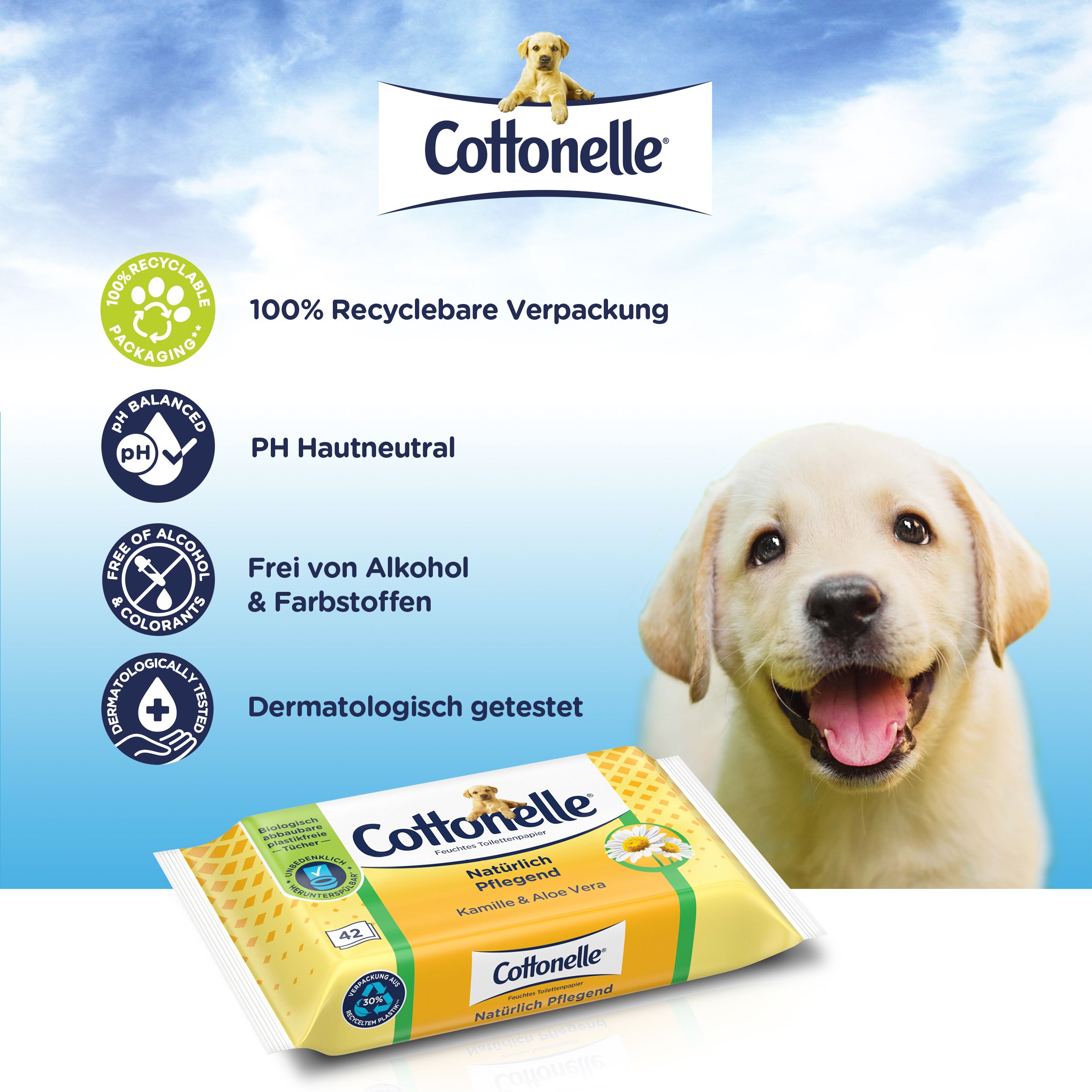 Cottonelle Feuchtes Toilettenpapier. 100% recycelbare Verpackung. pH-hautneutral. Frei von Alkohol & Farbstoffen. Dermatologisch getestet.