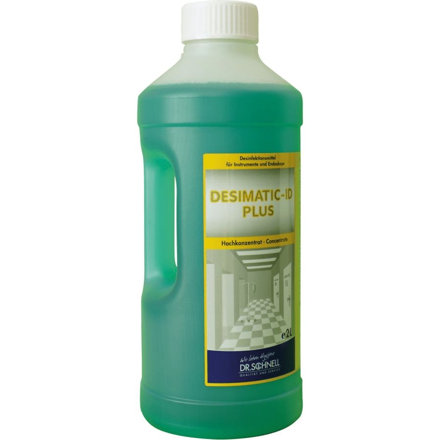 Grüne Flasche mit weißem Deckel. Aufkleber mit Produktnamen DESIMATIC-ID PLUS und Logo DR.SCHNELL. Flüssigkeit.