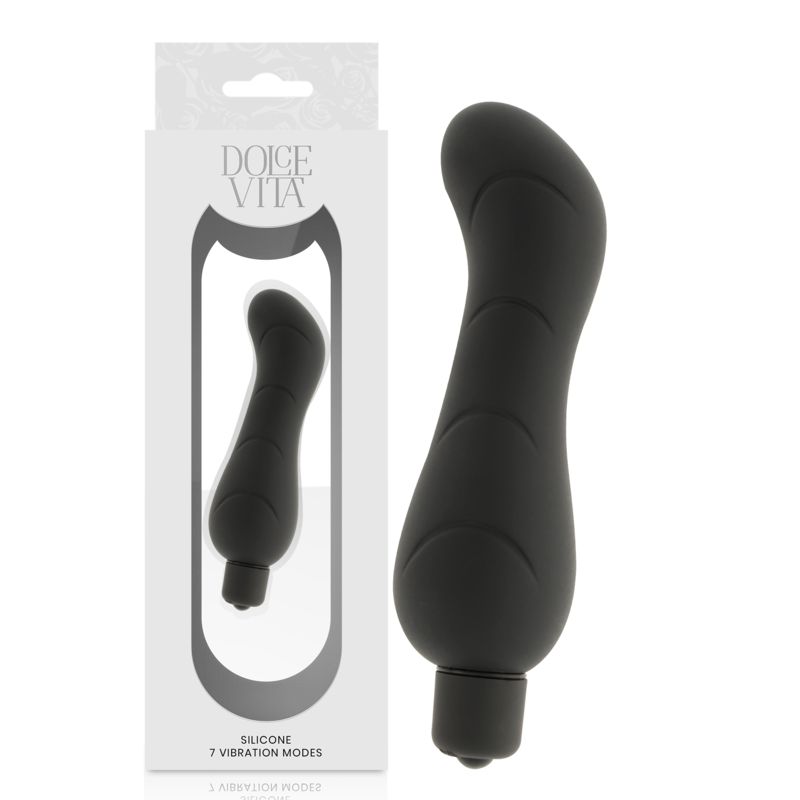 Verpackung mit schwarzem Silikon-Vibrator. Text: Dolce Vita, Silikon, 7 Vibrationsmodi.