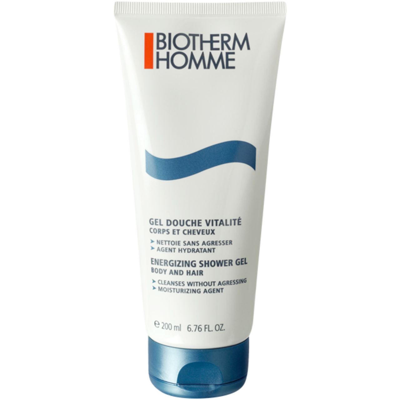 Weiß-blaue Tube mit Produktbezeichnung und Markenlogo. Text: Gel Douche Vitalité, Energizing Shower Gel.
