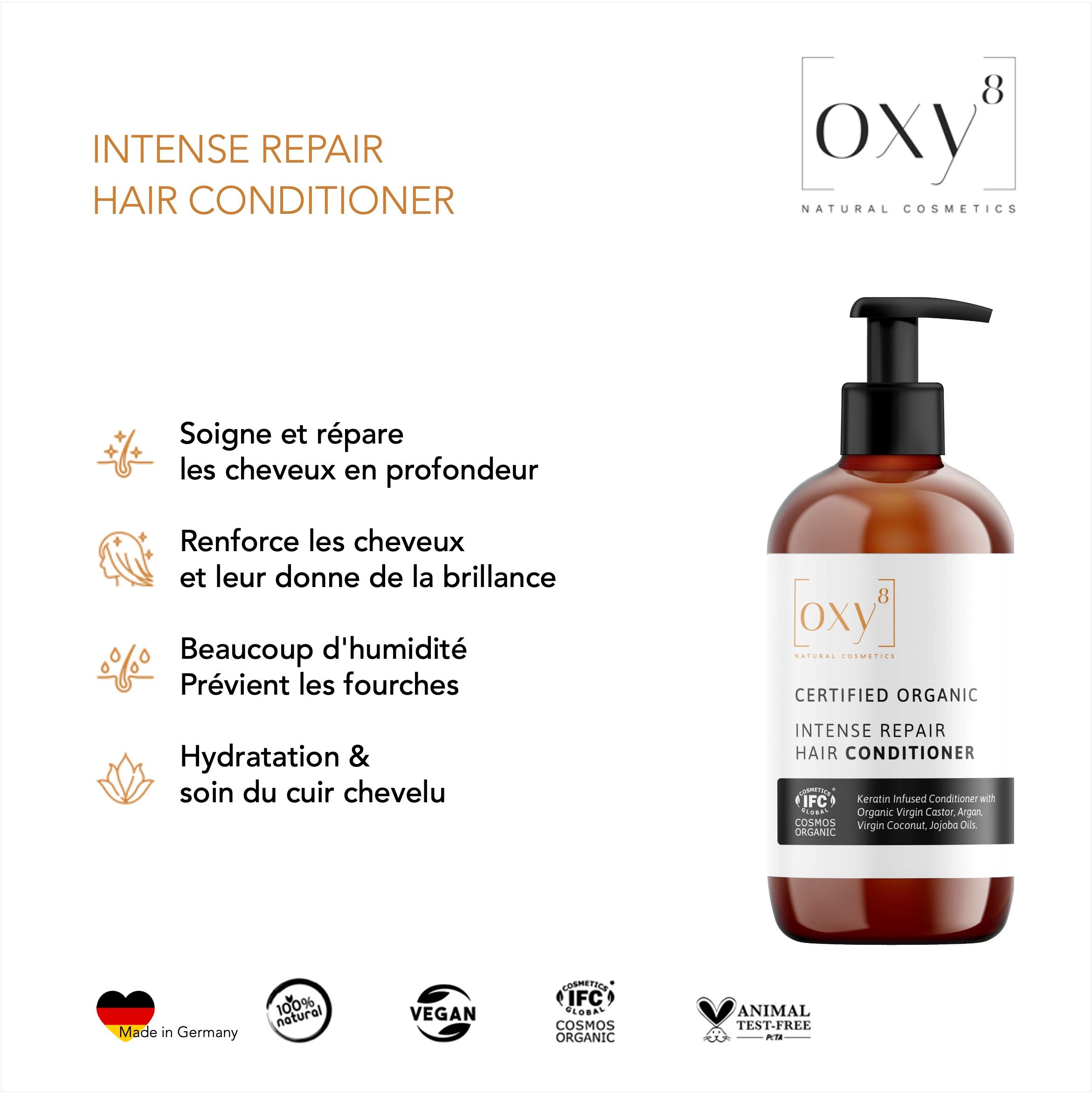 Flacon de revitalisant capillaire avec texte. Inscription: INTENSE REPAIR HAIR CONDITIONER. Logos: 100% naturel, Vegan, IFC Cosmos Organic.