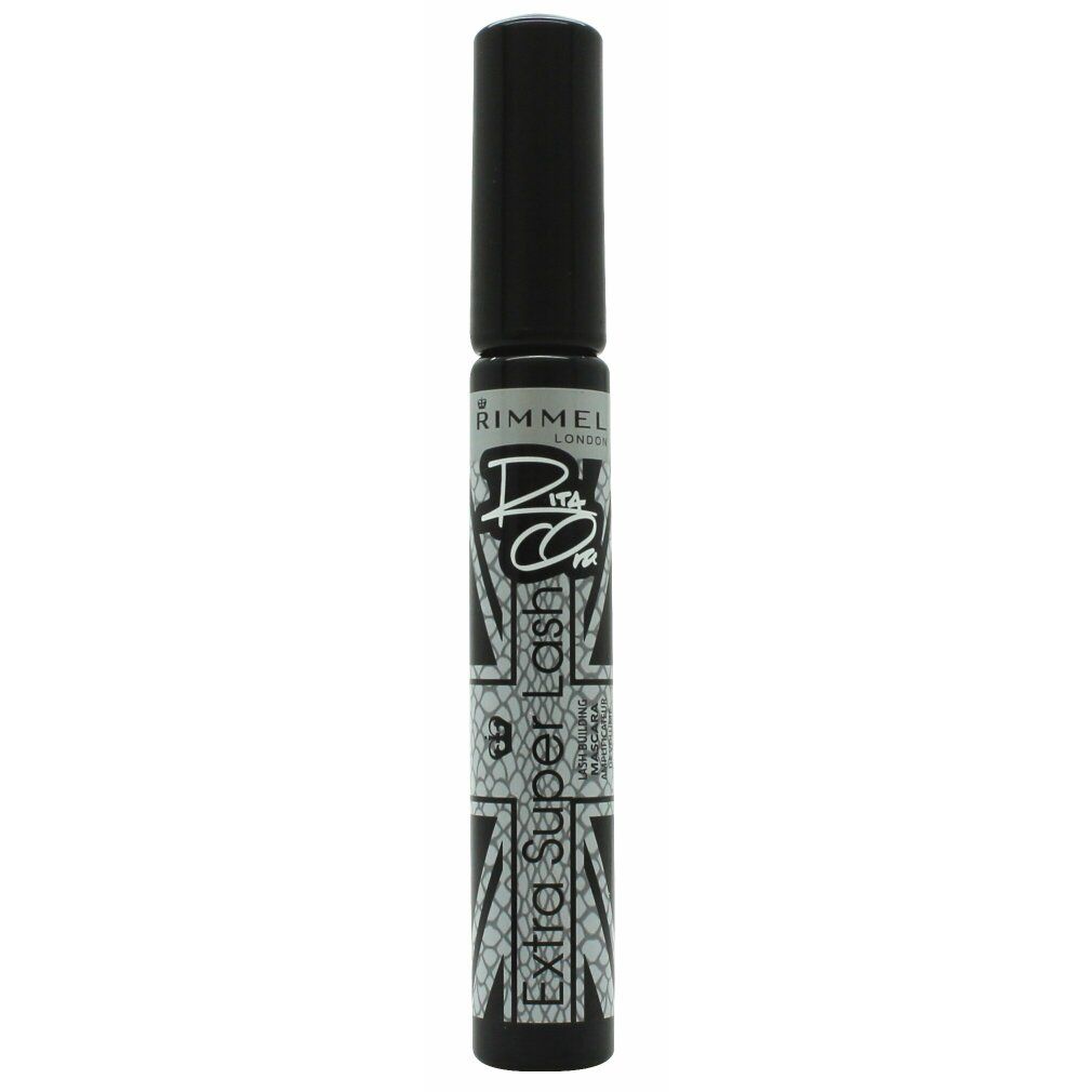 Schwarze Mascara-Tube mit schwarzem Deckel. Aufschrift: Rimmel London, Extra Super Lash. Union Jack-Design.