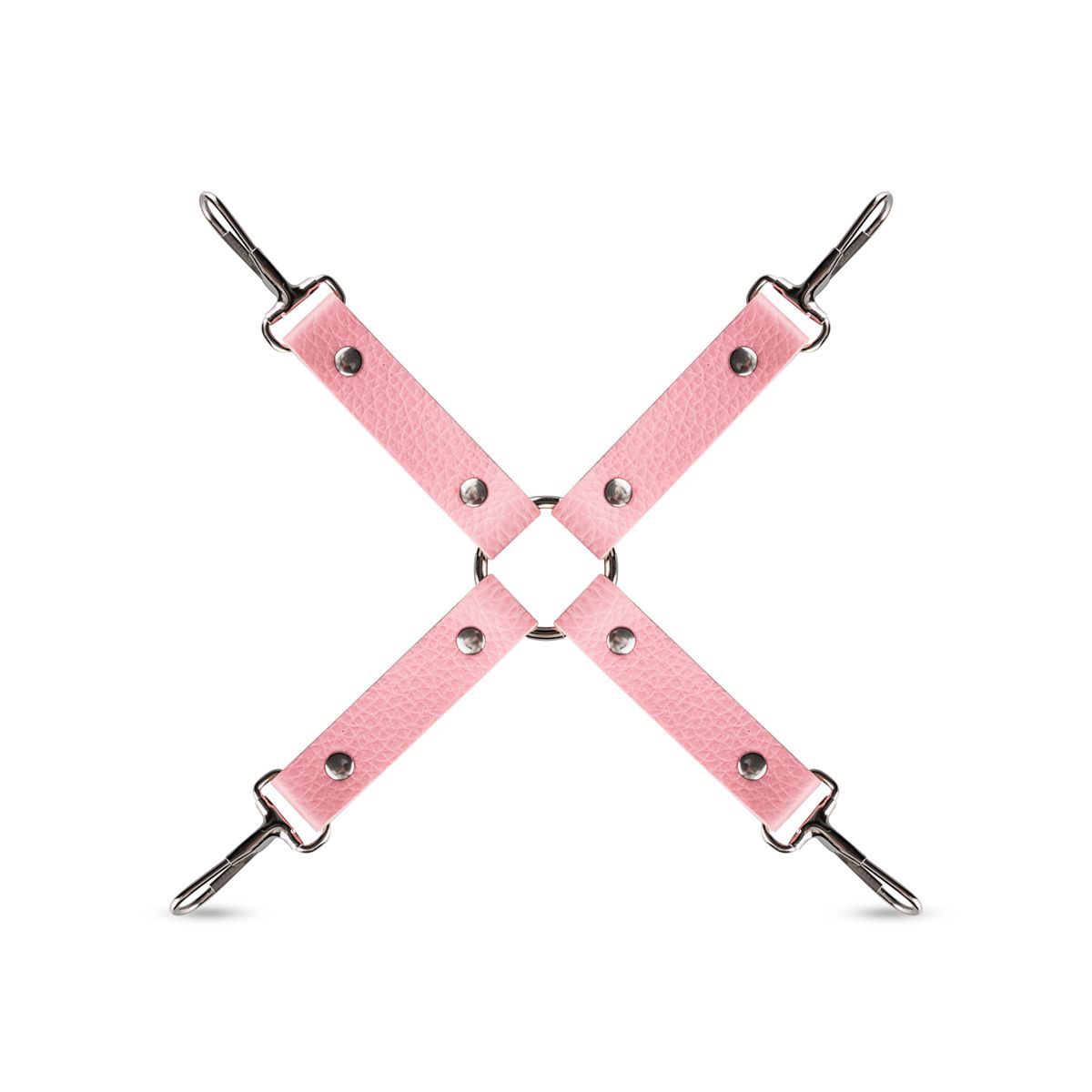 Manette rosa a forma di X. Quattro cinghie con anelli metallici e moschettoni. Disposizione quadrata.