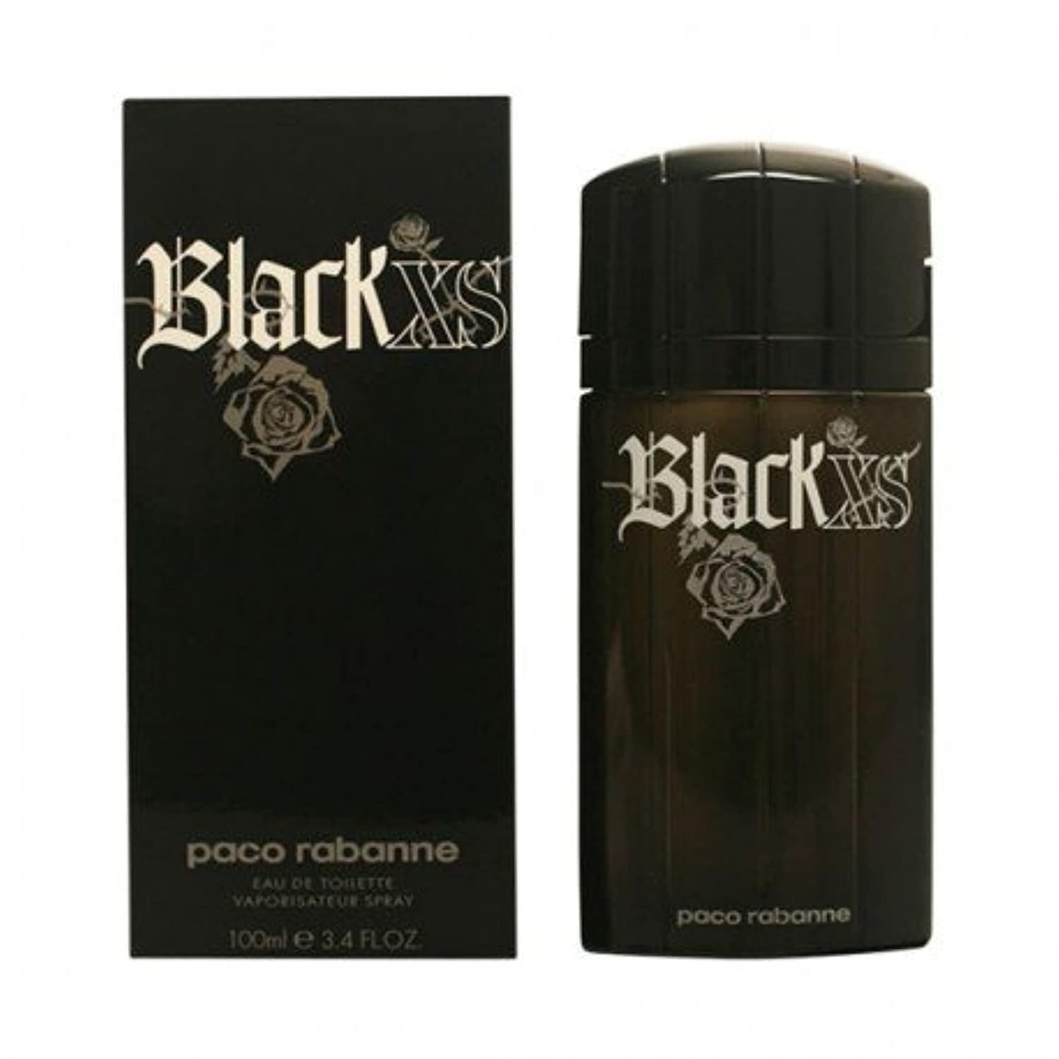 Schwarzer Flakon und Schachtel. Aufschrift Black XS und Paco Rabanne. Eau de Toilette.