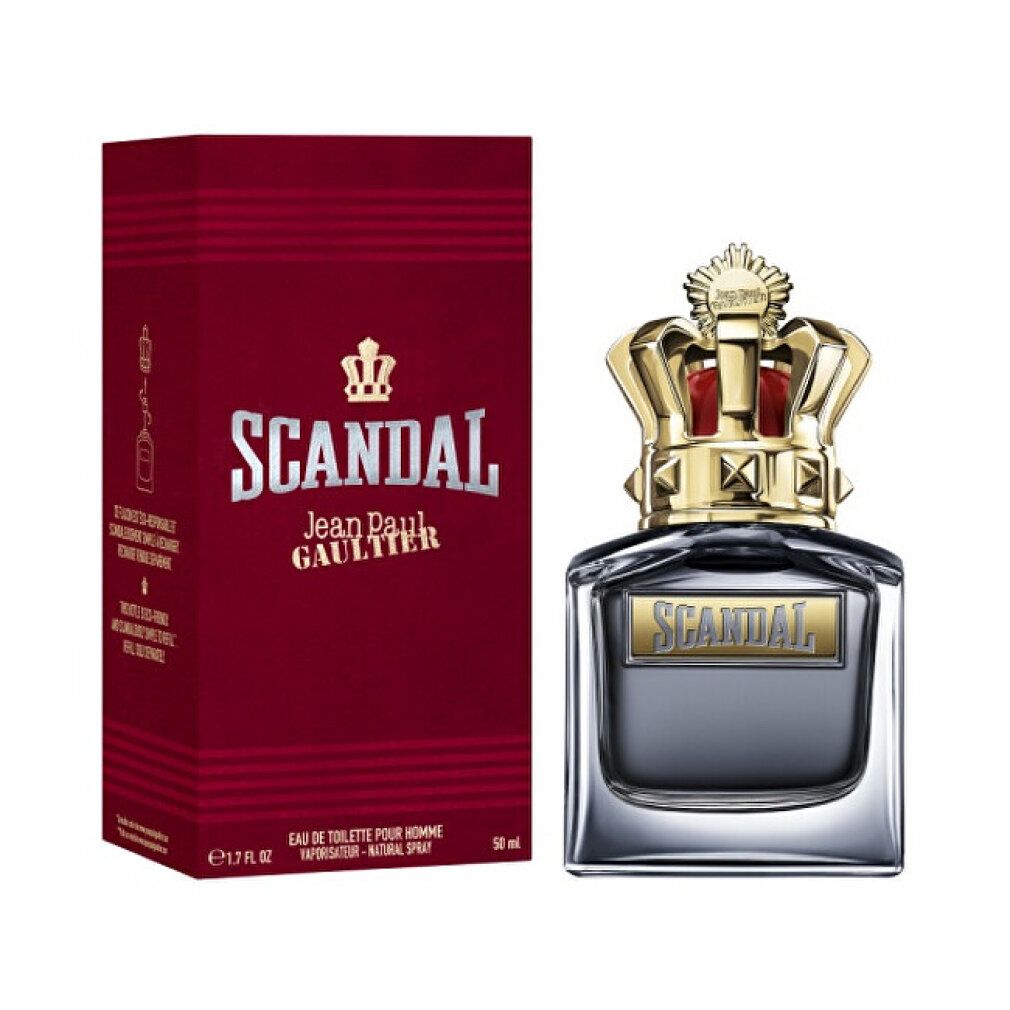 Rote Schachtel und Flakon mit goldener Krone. Aufschrift SCANDAL und Jean Paul Gaultier.