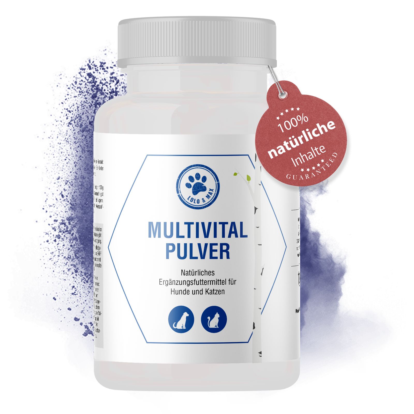 Weißes Produktglas mit "Multivital Pulver"-Etikett. Text: "natürliches Ergänzungsfuttermittel". Anhänger: 100% natürliche Inhalte.