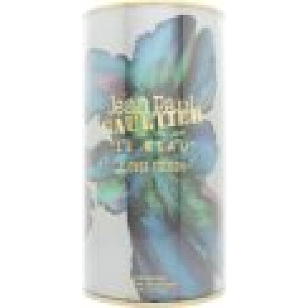 Zylindrische Verpackung mit blau-grünem Blumendesign. Text: Jean Paul Gaultier, Le Beau Flower Edition.