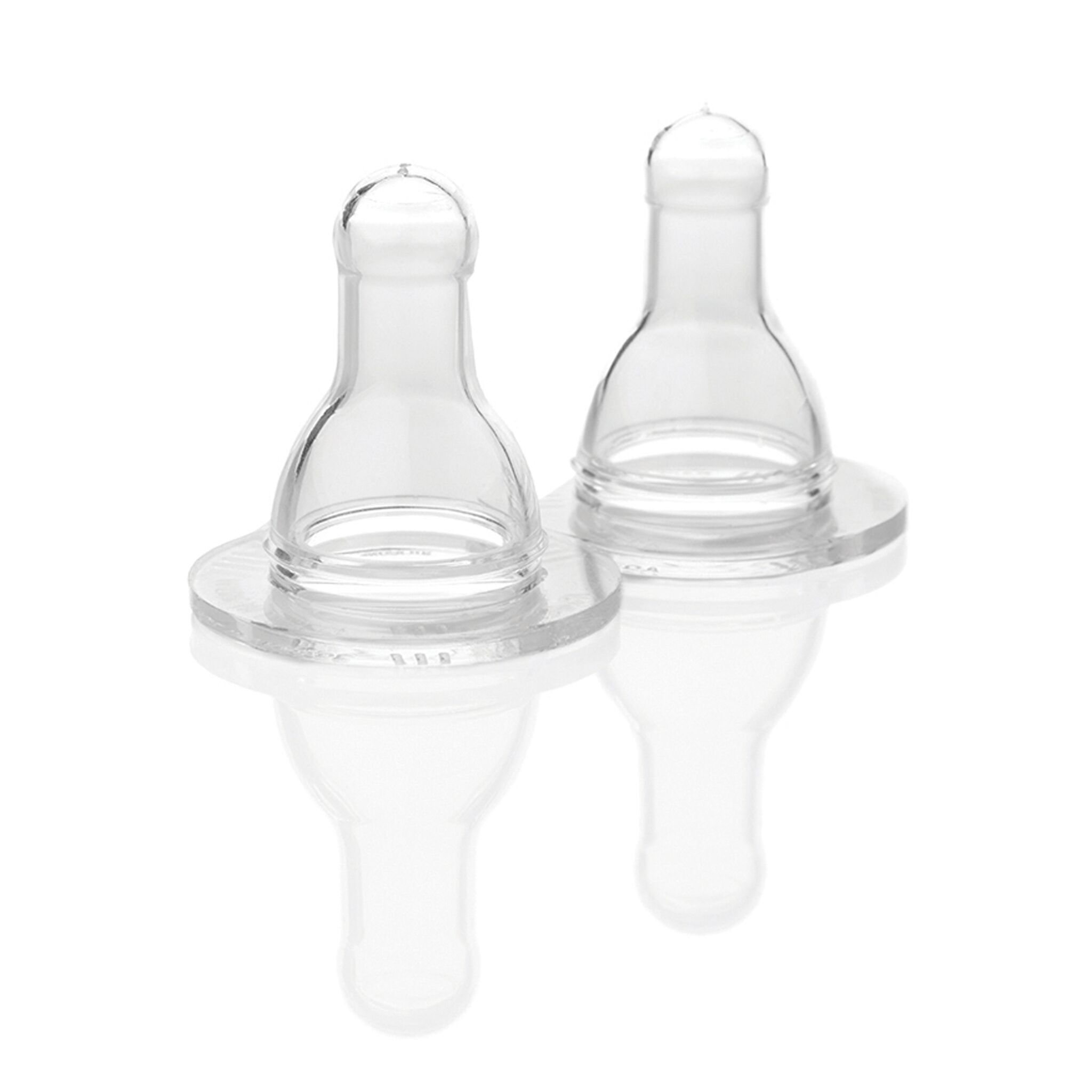 Zwei transparente Silikonsauger mit breitem Sockel. Auf weißem Hintergrund.
