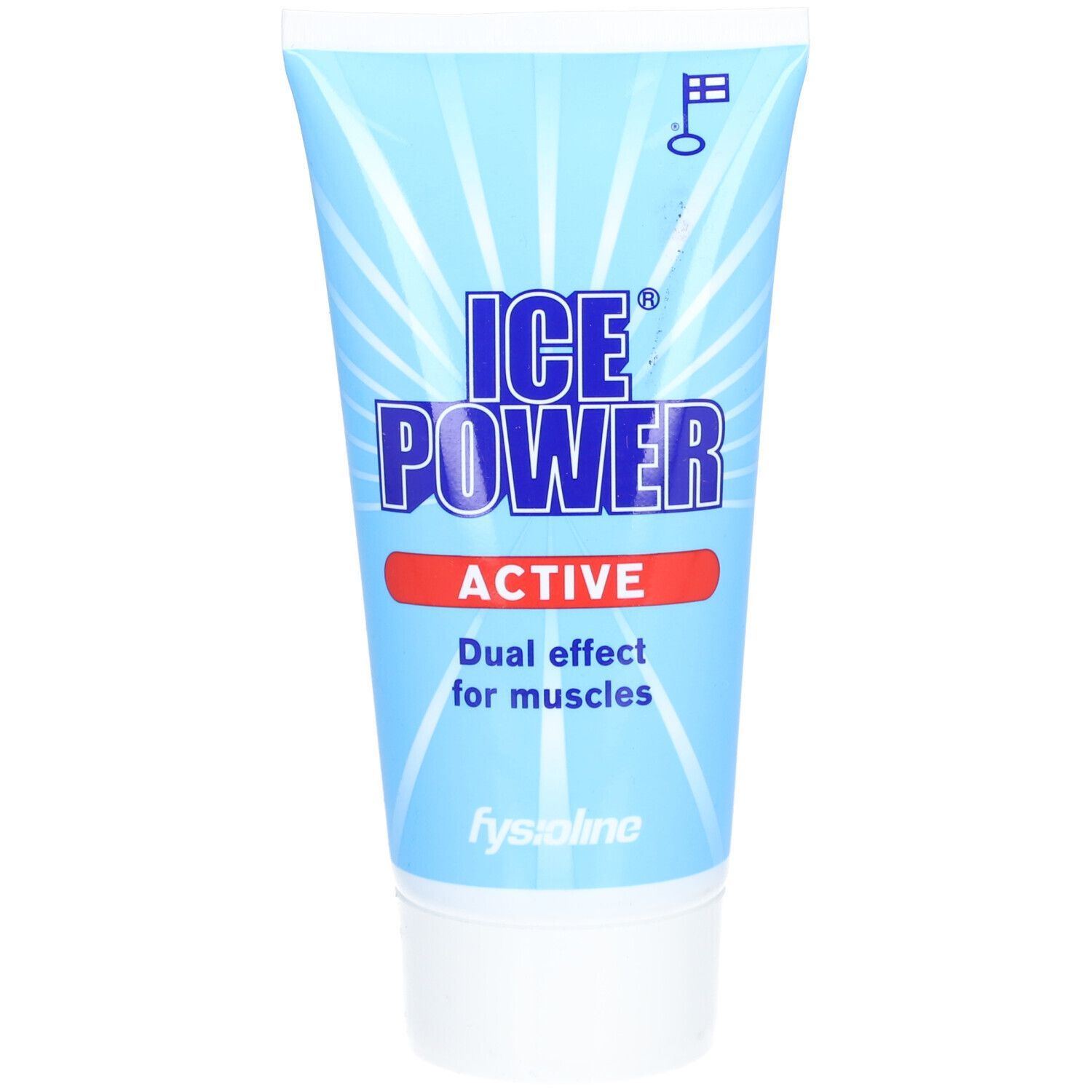 Blau-weiße Tube mit Produktnamen und Schriftzug 'ACTIVE'. Text: 'Dual effect for muscles'.