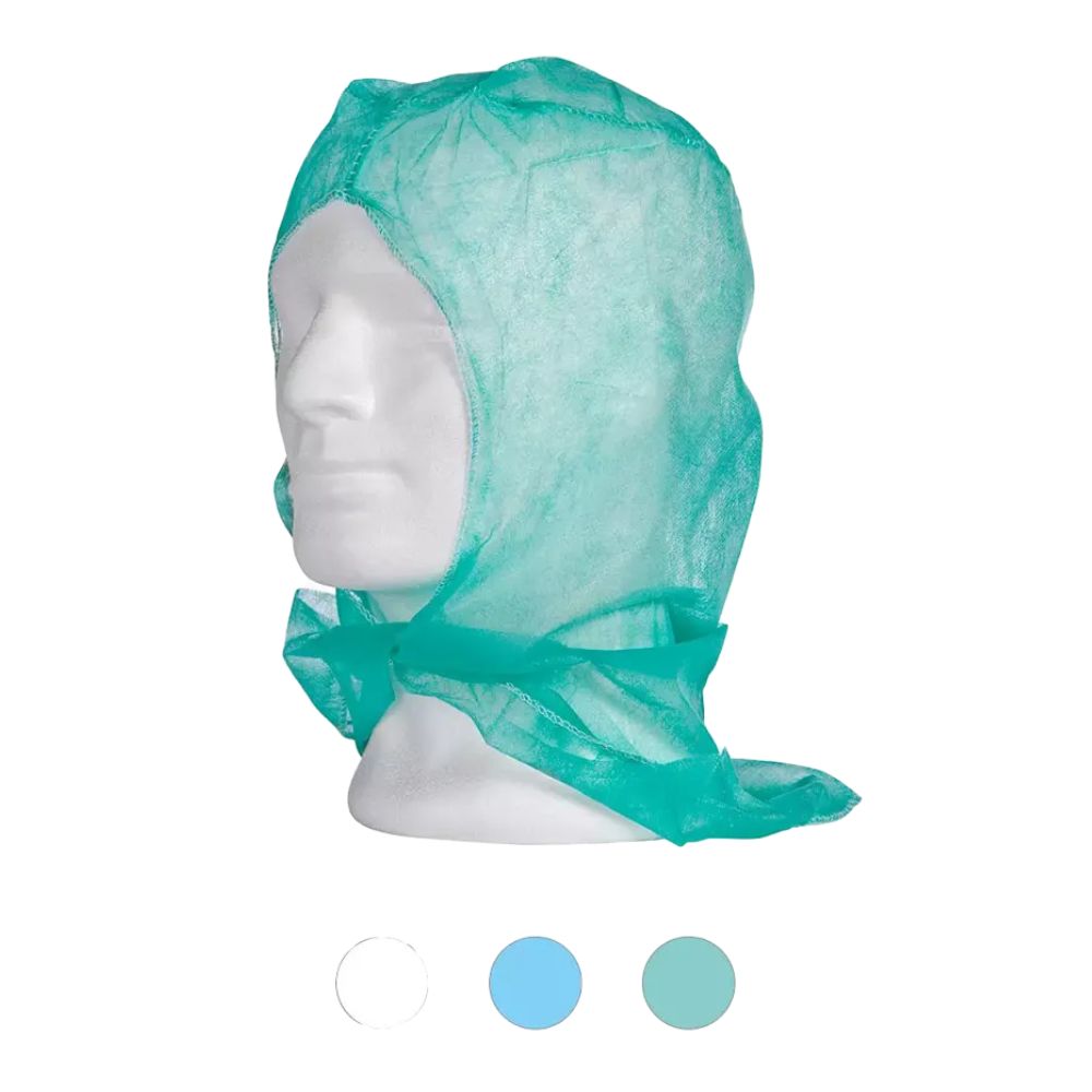 Grüne OP-Haube auf einem weißen Kopf. Mit Bindeband am Hals. Aus Vliesstoff.