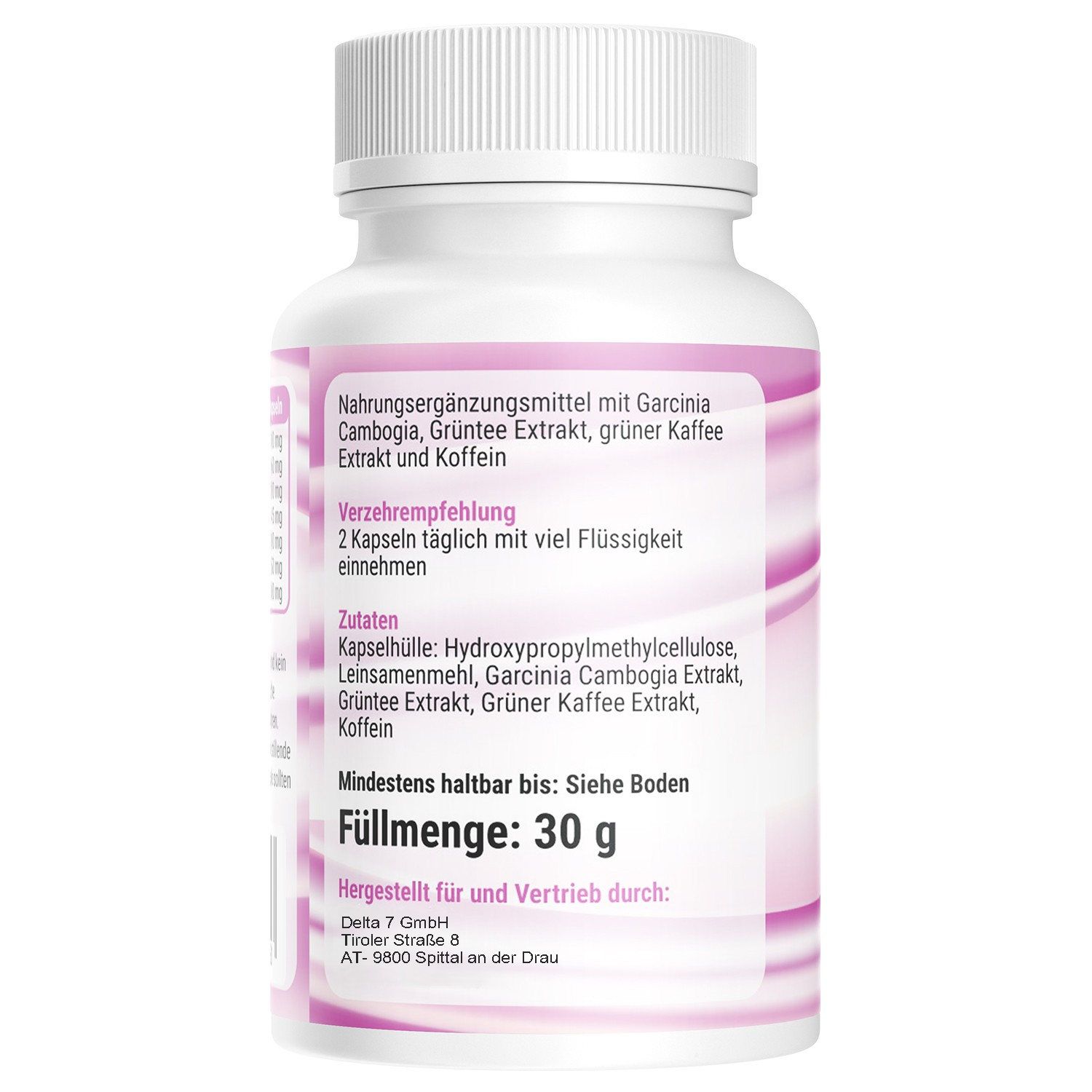 Rückseite der weißen Flasche. Enthält Informationen zu Inhaltsstoffen, Verzehrempfehlung und Hersteller.