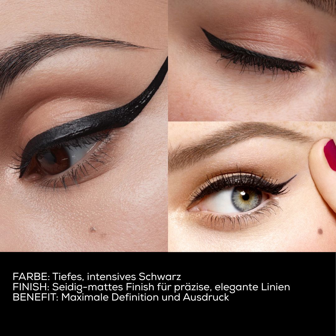 Drei Nahaufnahmen von Augen mit schwarzem Eyeliner. Text: Farbe: tiefes, intensives Schwarz. Finish: seidig-mattes Finish. Benefit: maximale Definition.