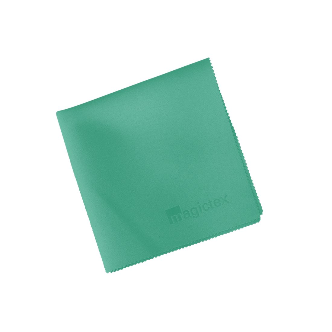 Türkisgrünes Reinigungstuch. Auf einer Ecke ist der Schriftzug magictex zu sehen. Der Rand ist gezackt.