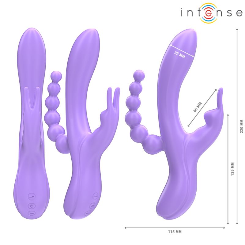 Drei Ansichten eines lila Vibrators mit Kaninchen- und Stimulator-Design. Abmessungen: 220x115x32mm. Marke: Intense.