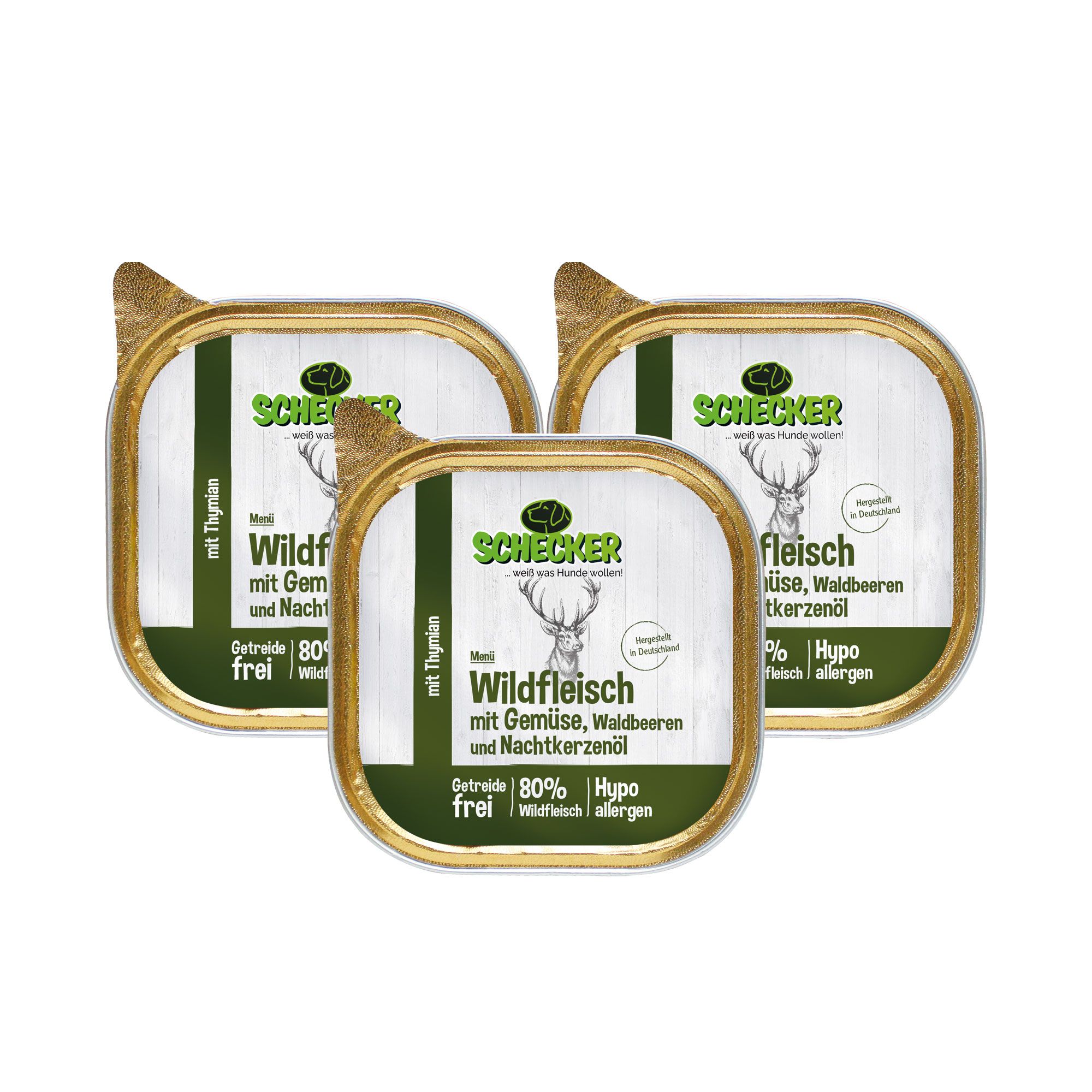 Drei Schalen Schecker Hundemenü Wildfleisch mit Gemüse, Waldbeeren und Nachtkerzenöl. Getreidefrei, 80% Wildfleisch.