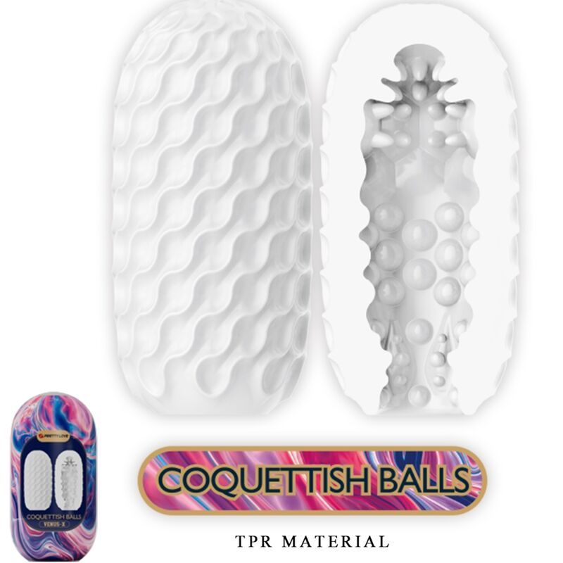 Produkt mit Wellenmuster und Innenstruktur. Auf der Verpackung steht "Coquettish Balls" und "TPR MATERIAL". Das Produkt ist in zwei Teile geteilt.