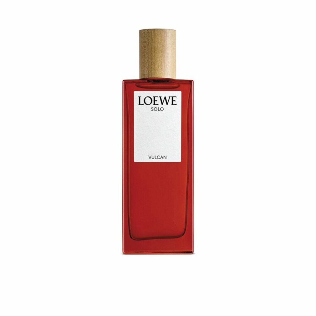 Roter Glasflakon mit Holzverschluss, Etikett mit 'LOEWE SOLO VULCAN'.