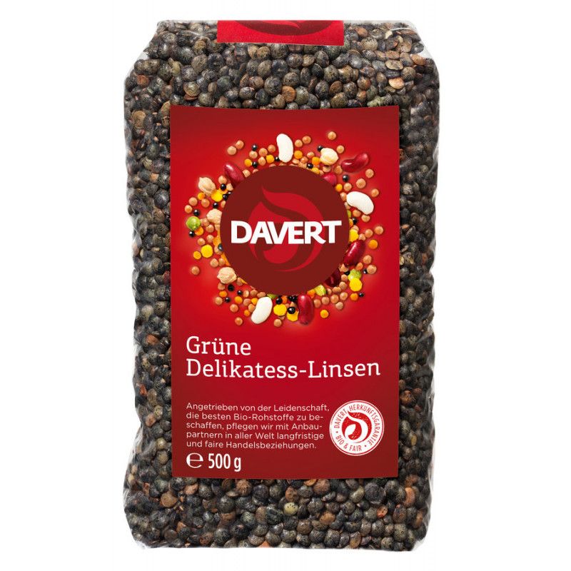 Verpackung mit grünen Delikatess-Linsen. Rotes Etikett mit Davert-Logo und Text. Enthält 500g. Bio- und Fairtrade-Siegel.