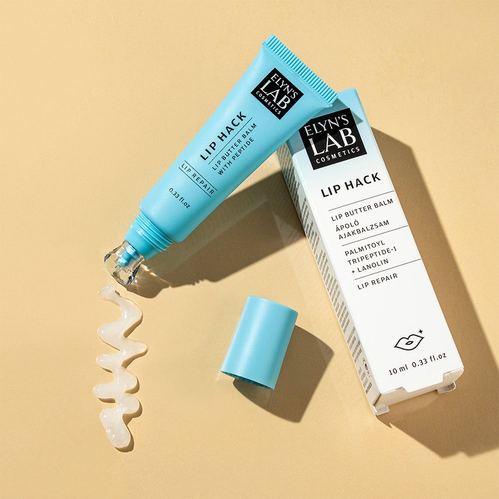 ELYN'S LAB Lip Hack Lippenbalsam mit aufgetragener Textur, Tube und Verpackung.