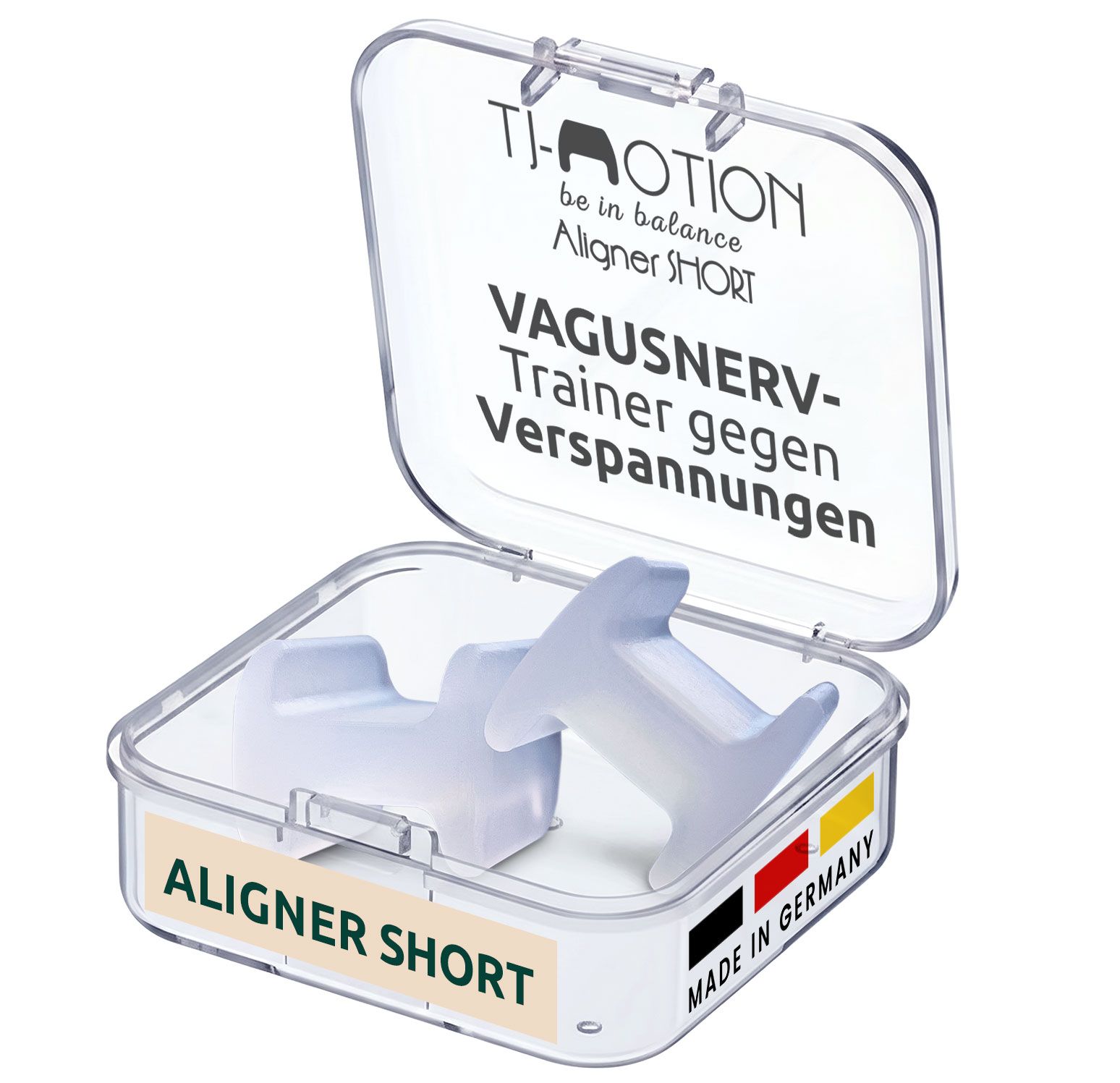Geöffnete transparente Box mit zwei weißen TJ-Motion Aligner SHORT. Aufschrift: VAGUSNERV-Trainer gegen Verspannungen. Made in Germany.