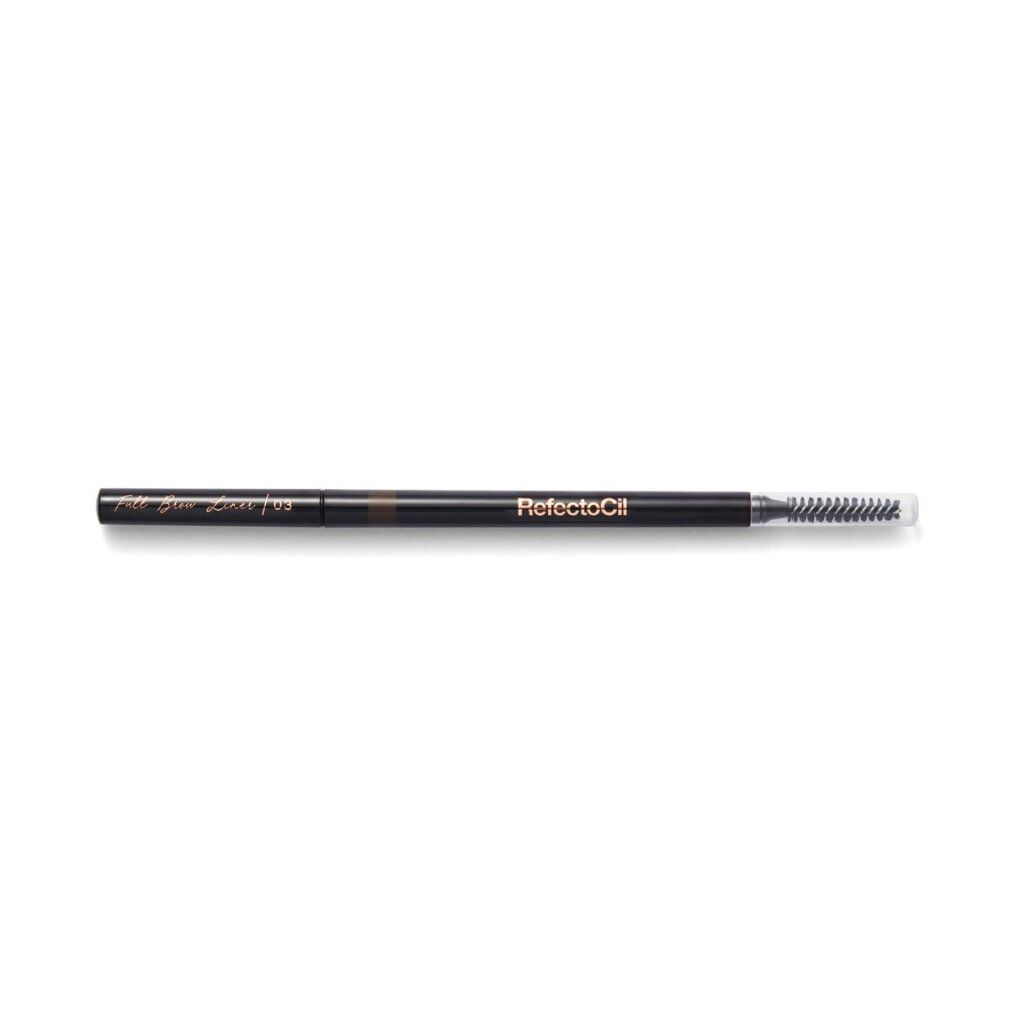 Brauenstift mit Bürste. Produktname und Farbnummer auf dem Stift. Dunkelbraune Farbe.