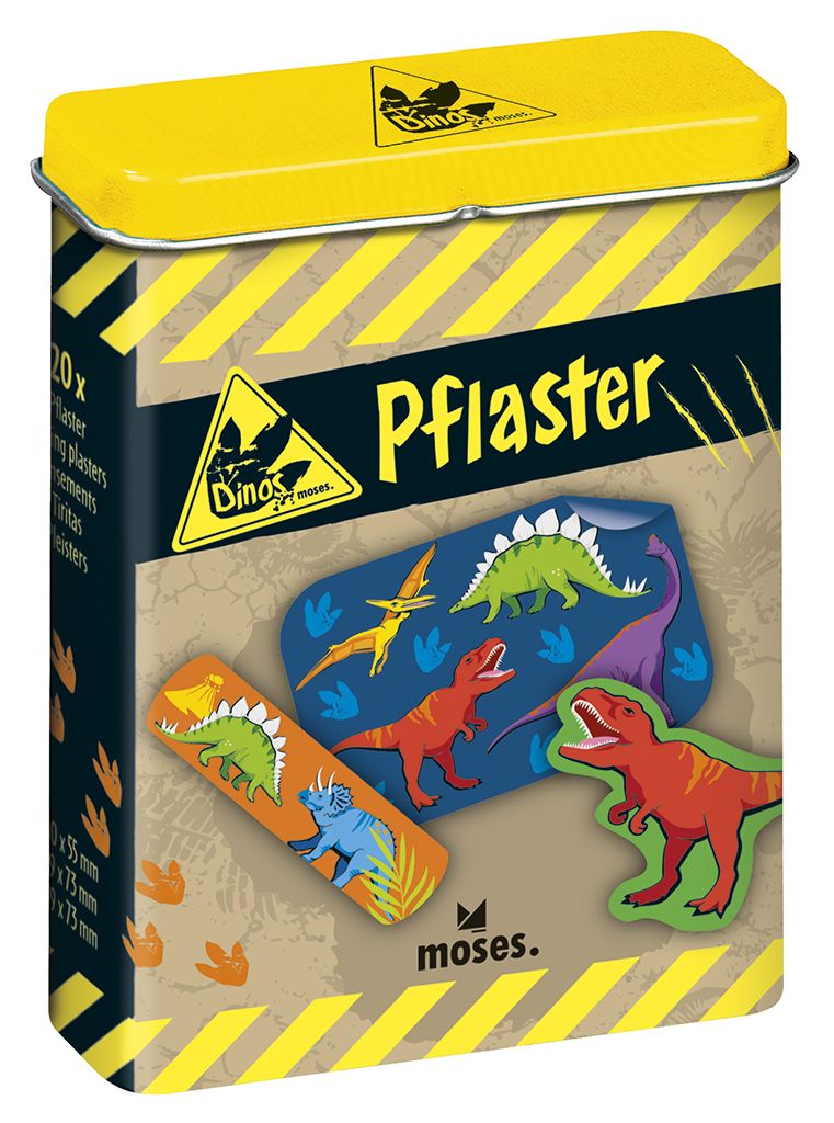 Gelbe Dose mit Pflastern. Auf der Dose sind Dinosaurier-Motive abgebildet. Aufschrift: Pflaster, moses.