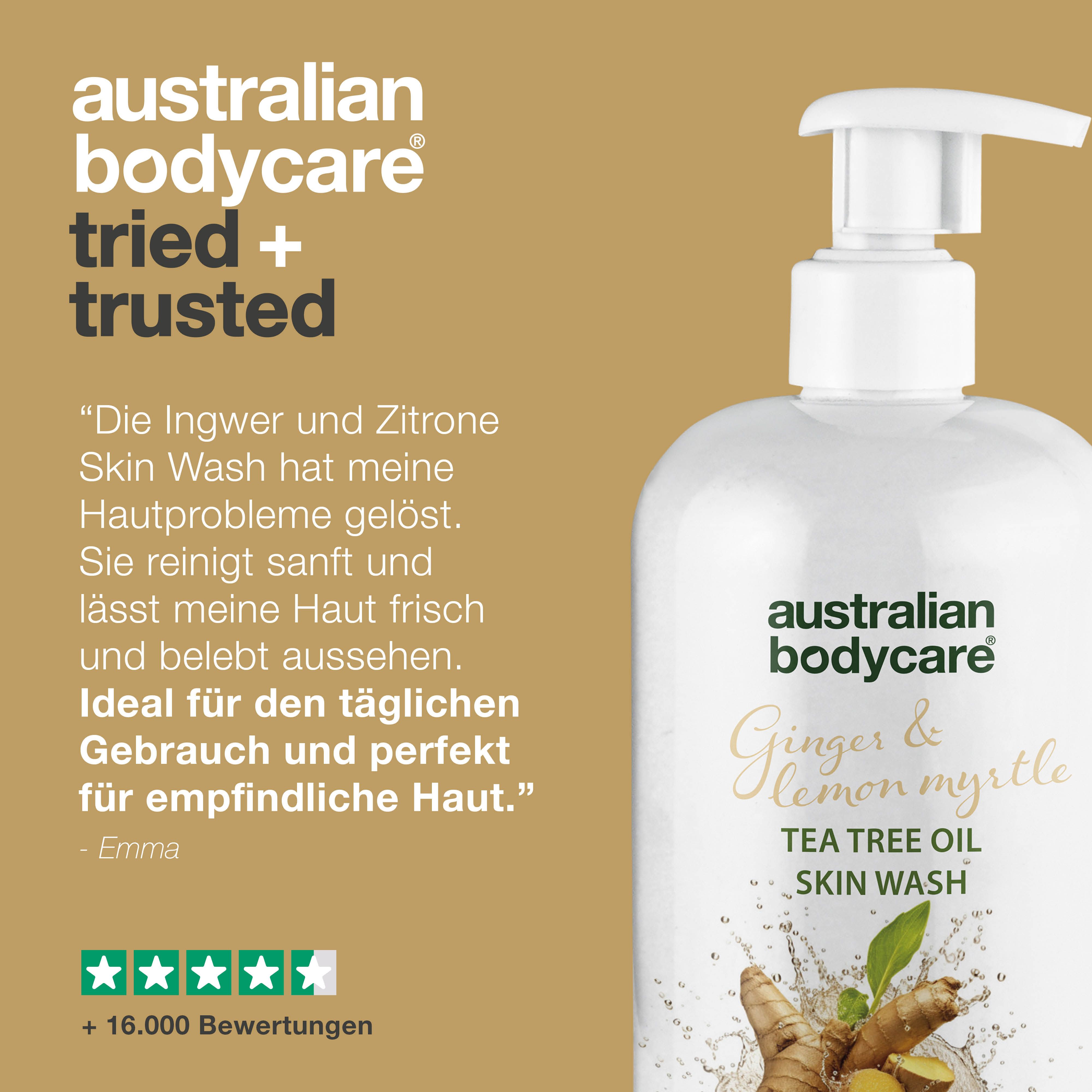 Produktflasche. Text: Tried + trusted. Aufschrift: Australian Bodycare, Ginger & Lemon Myrtle, Tea Tree Oil Skin Wash.