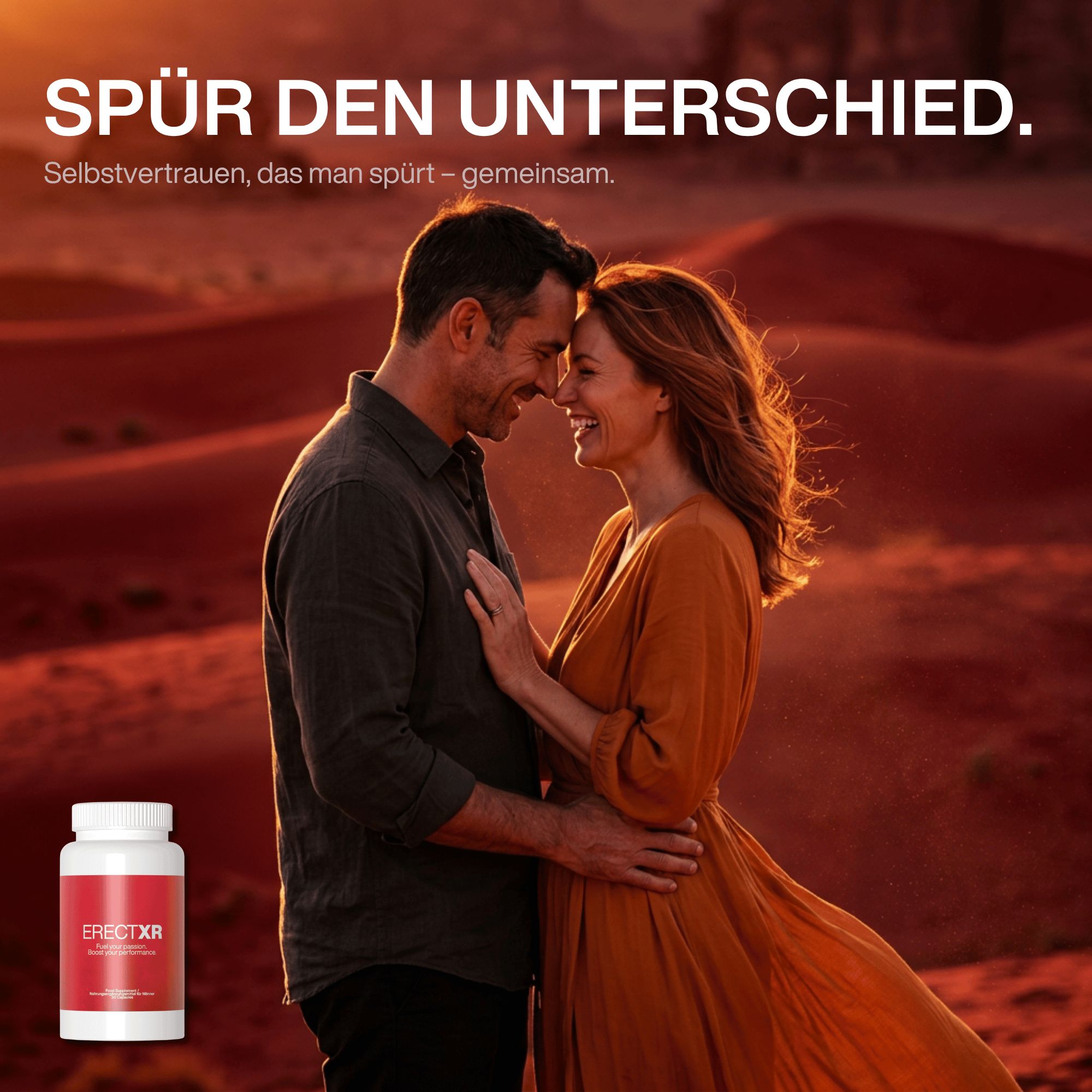 Ein Mann und eine Frau umarmen sich in einer Wüstenszene. Links unten eine weiße Pillendose mit rotem Etikett.