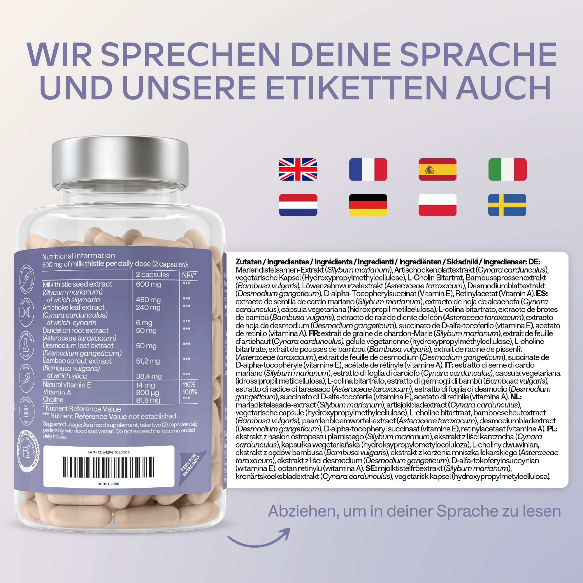 Flasche mit Mariendistel-Extrakt-Komplex und Flaggen für mehrsprachige Etiketten.