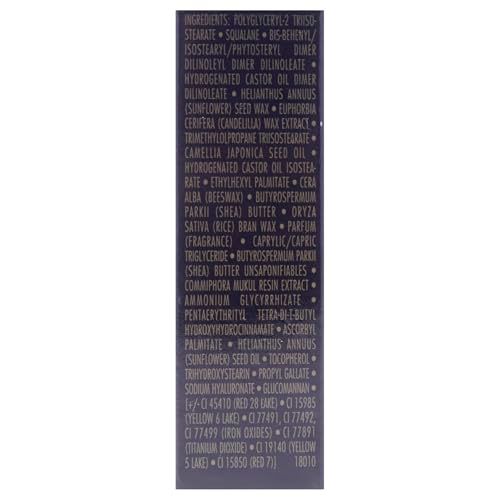 Detailansicht der Inhaltsstoffe auf der Verpackung des Lippenstifts. Text in weißer Schrift auf schwarzem Hintergrund.
