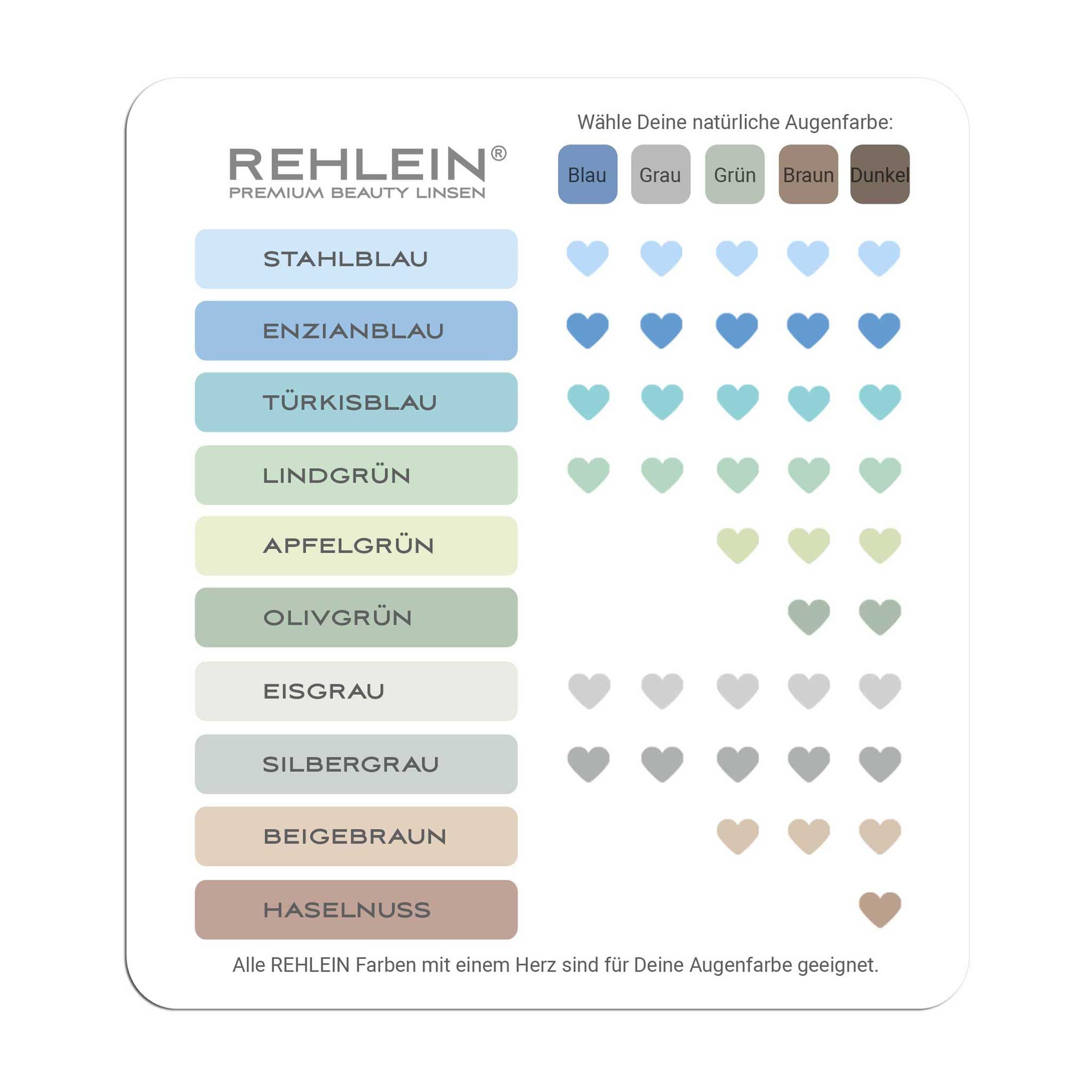 Farbkarte mit Kontaktlinsenfarben. REHLEIN PREMIUM BEAUTY LINSEN. Verschiedene Farben mit Herzsymbolen.