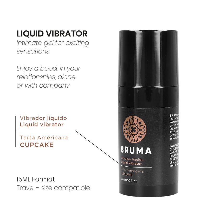 Schwarze Flasche mit Pumpspender, Bruma Liquid Vibrator, 15ml.