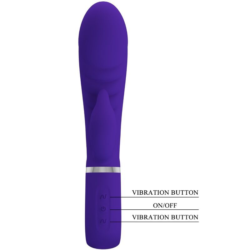 Lila Vibrator mit abgerundeter Spitze und G-Punkt-Stimulator. Beschriftung: Vibration, Ein/Aus.