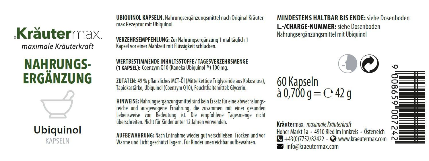Kräutermax Ubiquinol 100 mg Kapseln - aktive Form von Coenzym Q10