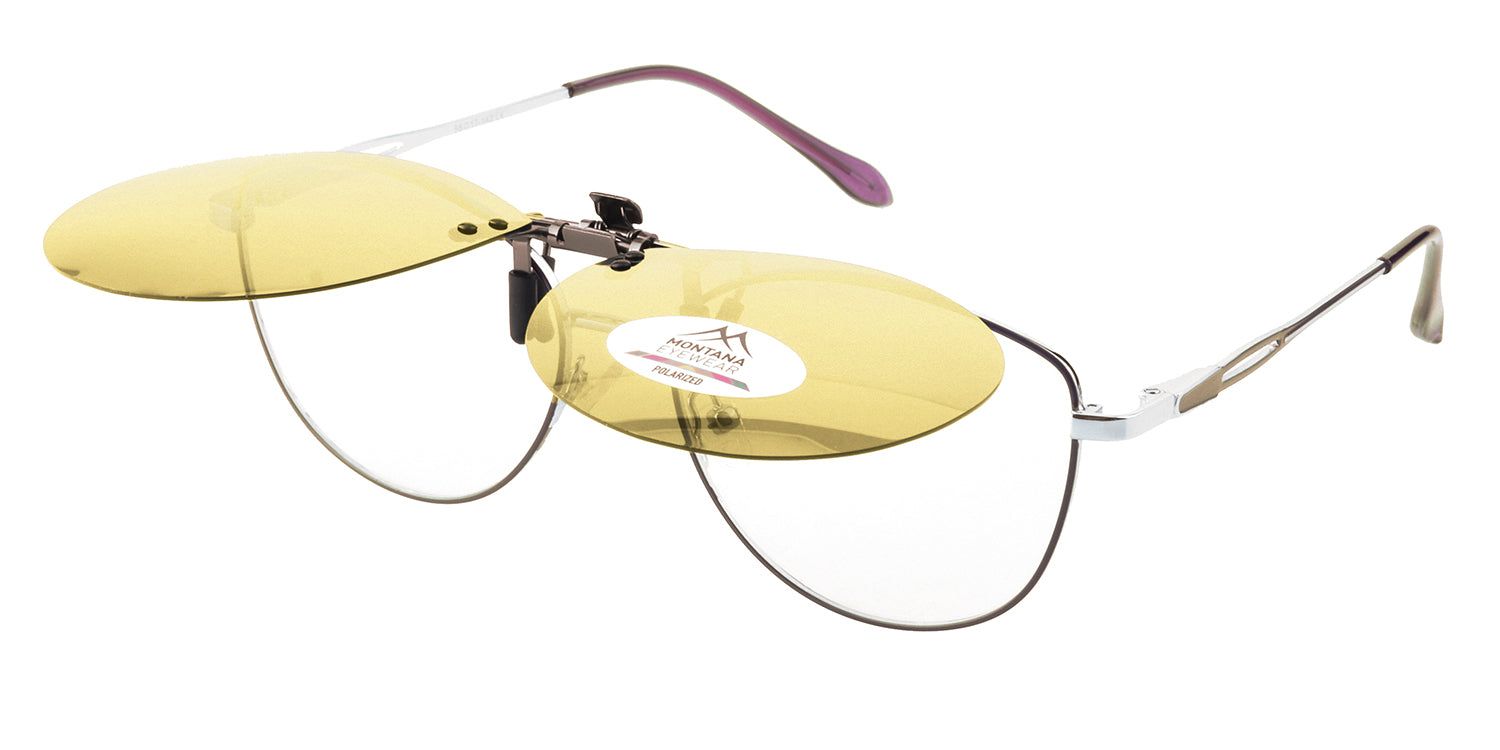 Sonnenbrille mit gelben Gläsern und Clip-on-Funktion. Montana Eyewear Logo. Brillenbügel.