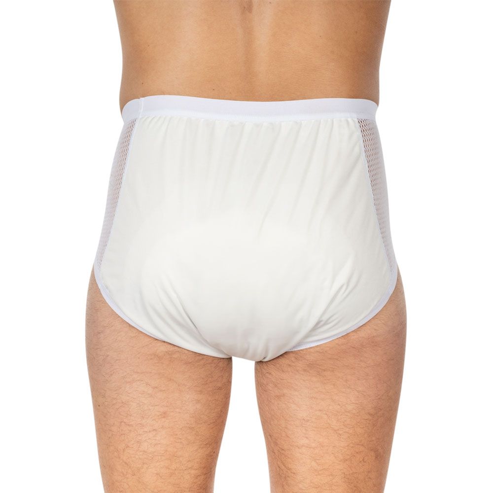 Inkontinenz-Slip, weiß, mit Netzeinsätzen. Rückansicht, getragen von einer Person. PU-Material.