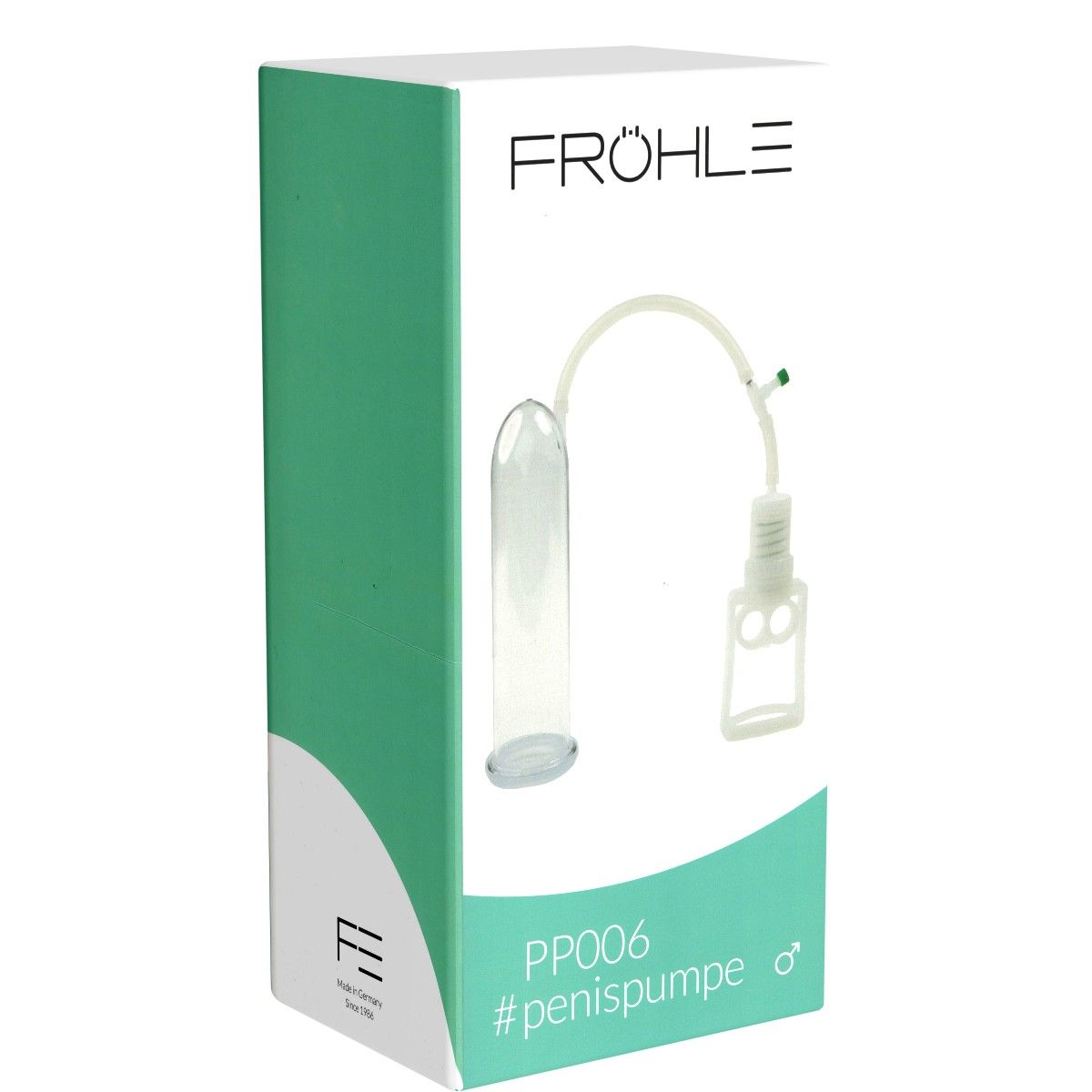Fröhle PP006 XL Penispumpe in Verpackung. Transparente Zylinder, weißes Zubehör, grüne Akzente. Produktname und Logo sichtbar.
