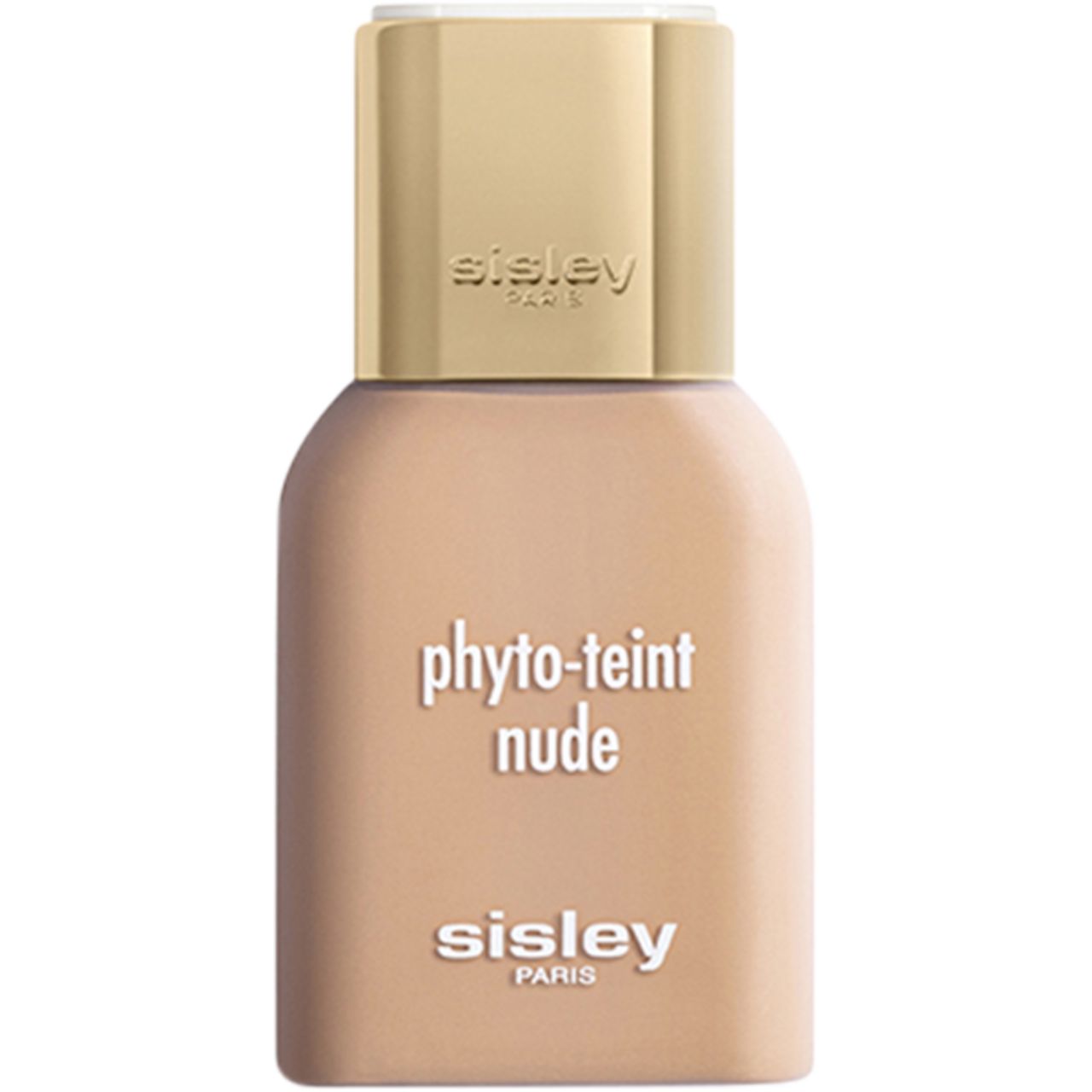 Sisley Phyto-Teint Nude. Flasche mit beiger Flüssigkeit und goldenem Deckel. Schriftzug: Sisley Paris, Phyto-Teint Nude.