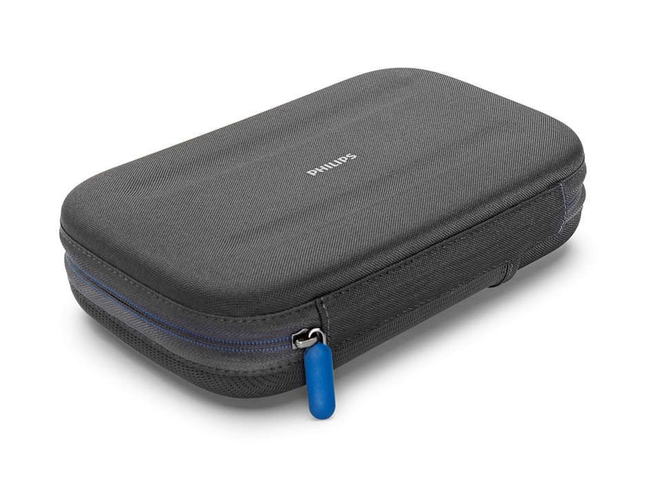 Graues Reiseetui mit Reißverschluss und blauem Zipper. Philips Logo oben.