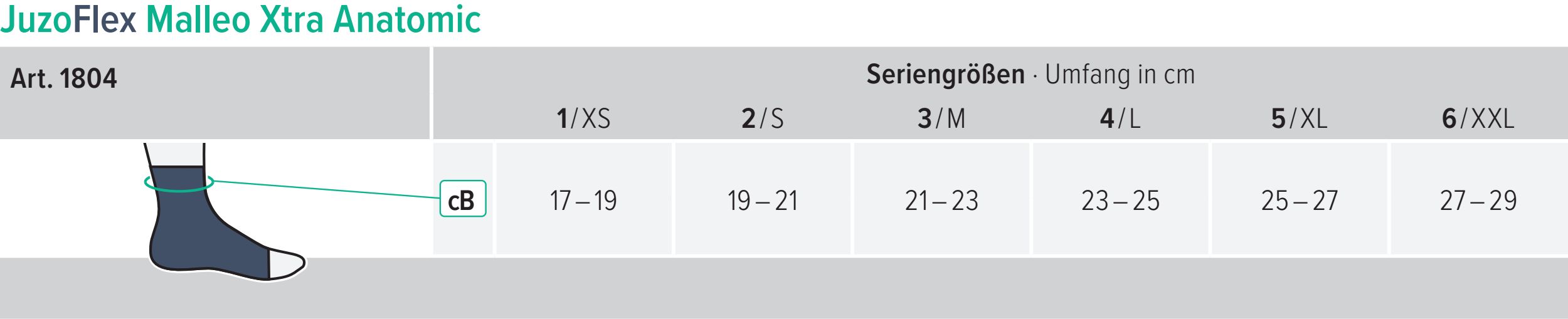 Tabelle mit Größenangaben für JuzoFlex Malleo Xtra Anatomic. Größen: XS bis XXL. Illustration einer Bandage.