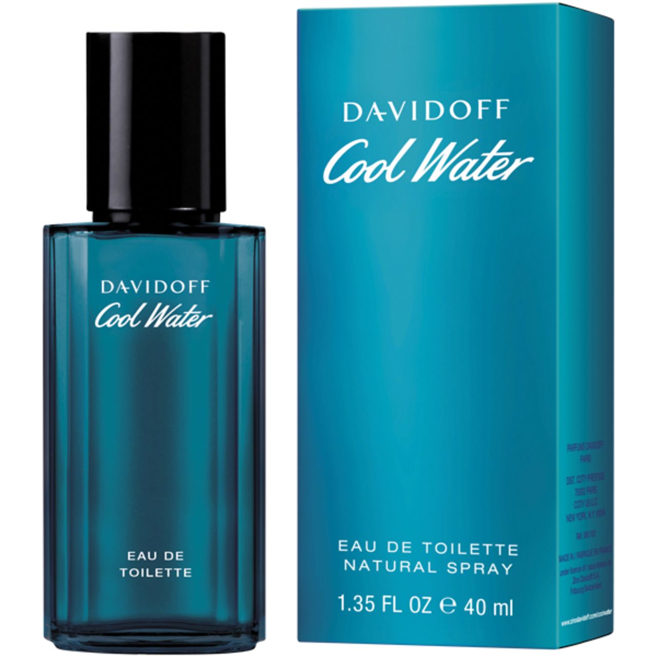 Davidoff Cool Water Eau de Toilette Spray mit Verpackung. Blaue Flasche und Schachtel. Produktbezeichnung.
